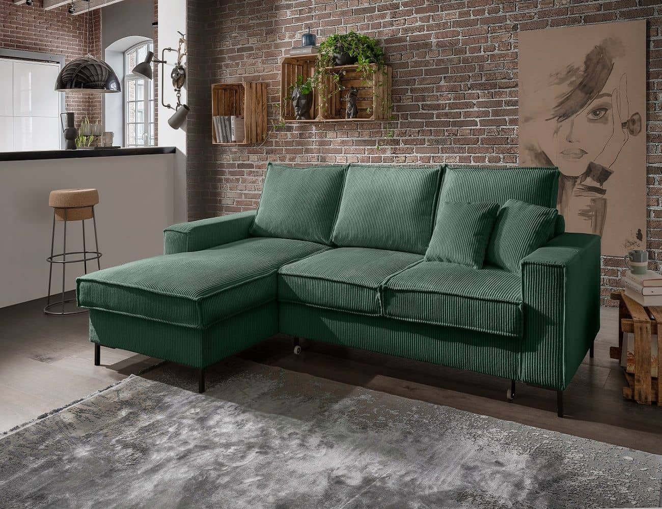 Ecksofa Rom moosgrün mit Schlaffunktion & Stauraum Ecksofa Rom moosgrün mit Schlaffunktion & Stauraum