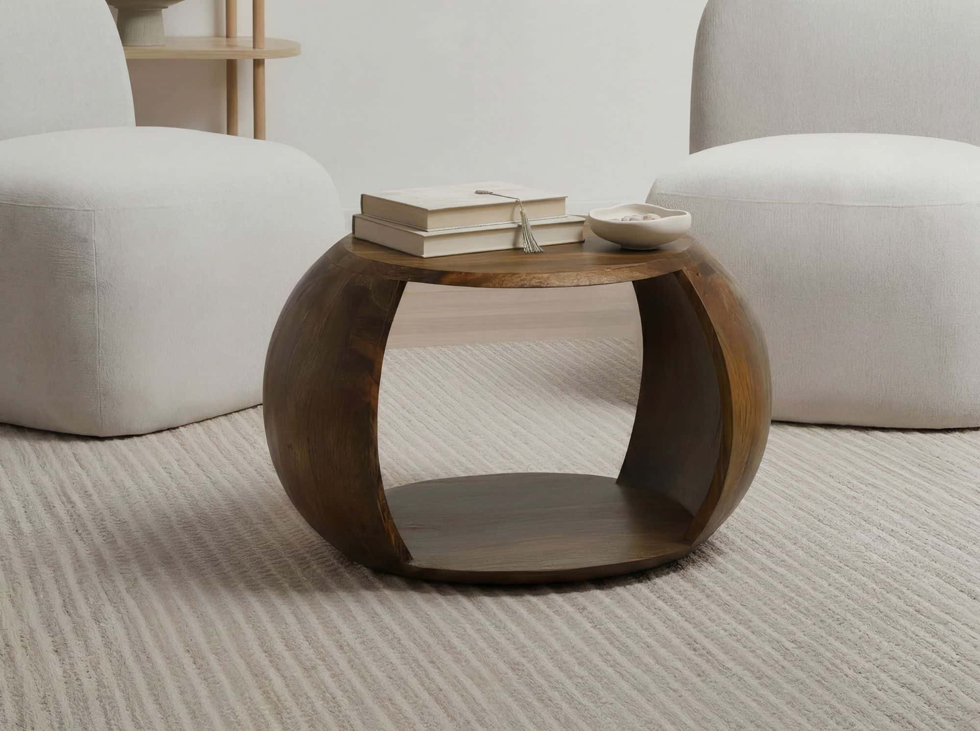 Couchtisch Mango Massivholz rund 60 cm x 46 cm x 36 cm - Wohnzimmertisch mit Ablagefach - Handgefertigter Sofatisch aus Echtholz im natürlichen Landhaus Design