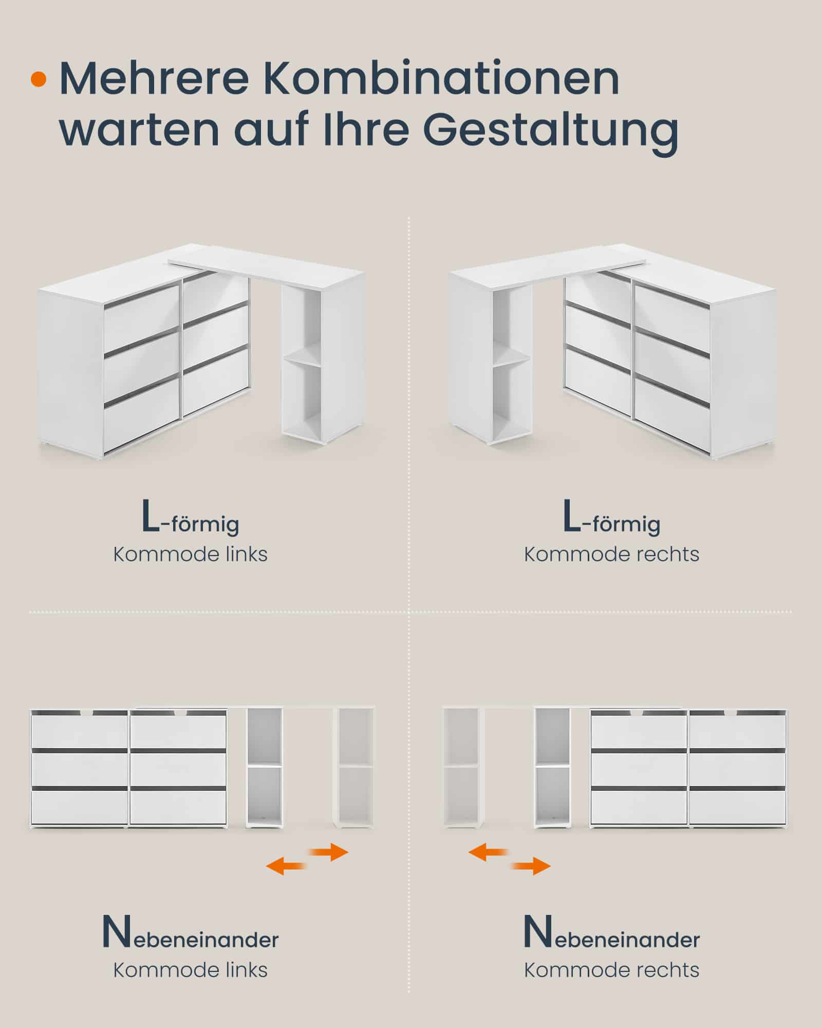 Schminktisch mit Regal nebeneinander oder L-förmig schneeweiß
