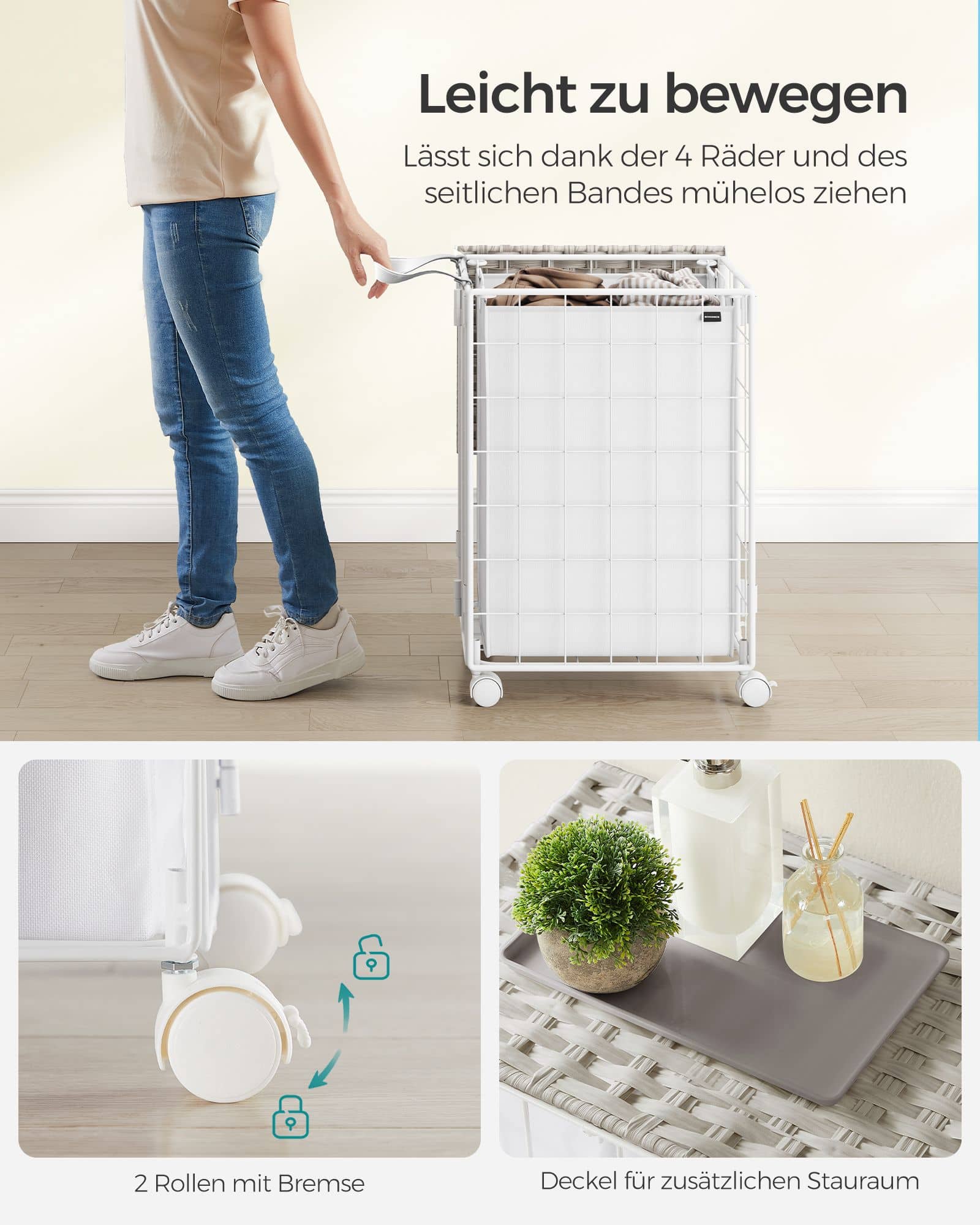 Wäschesammler mit Rollen und Wäschesack wolkenweiß Wäschesammler mit Rollen und Wäschesack wolkenweiß