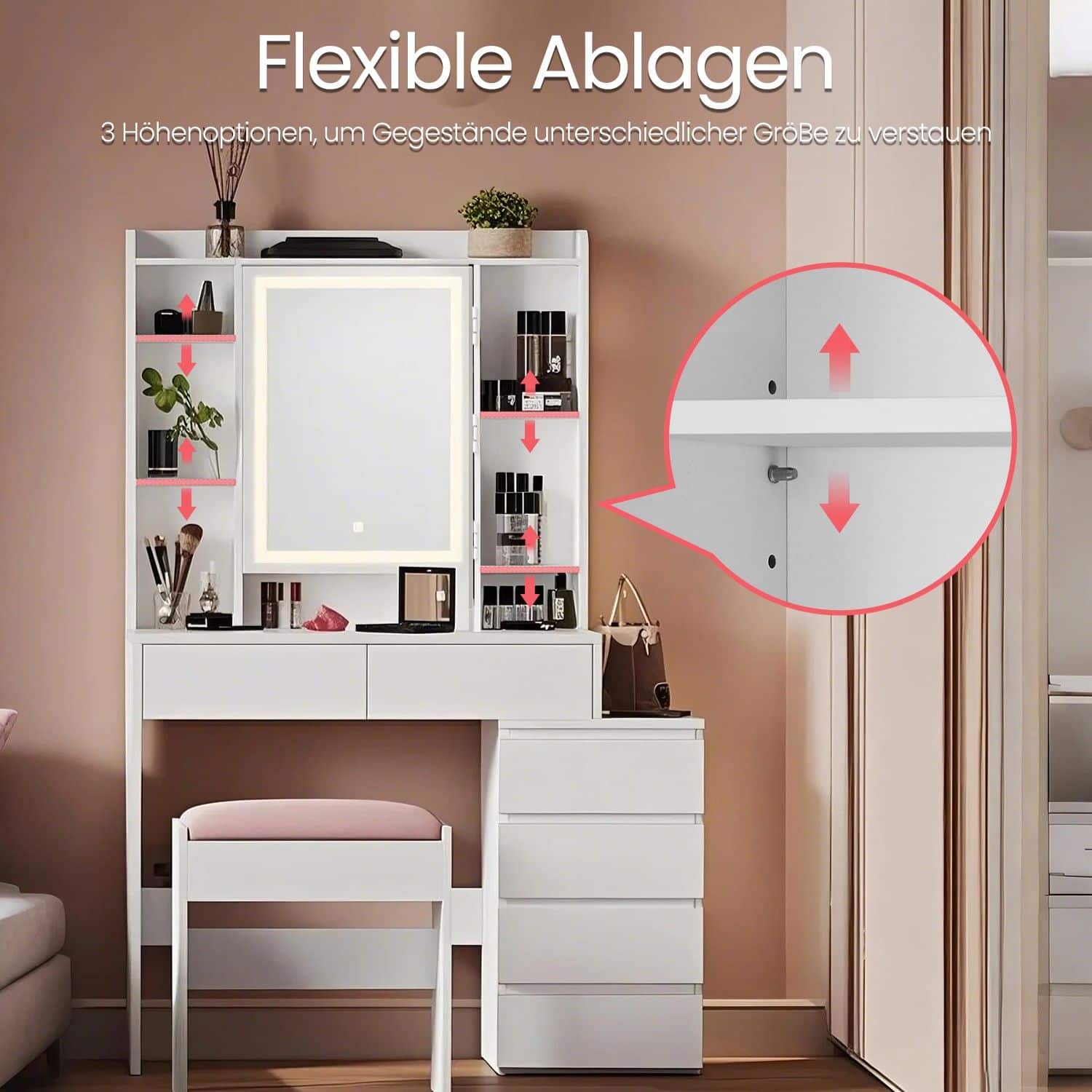 Frisiertisch mit Hocker, Schminktisch mit Spiegel, LED-Licht