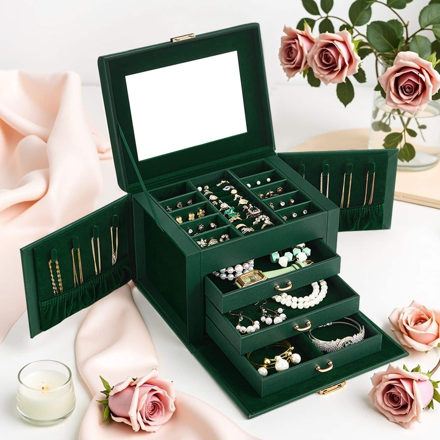 Schmuckkästchen 4 Ebenen mit Spiegel vintagegrün