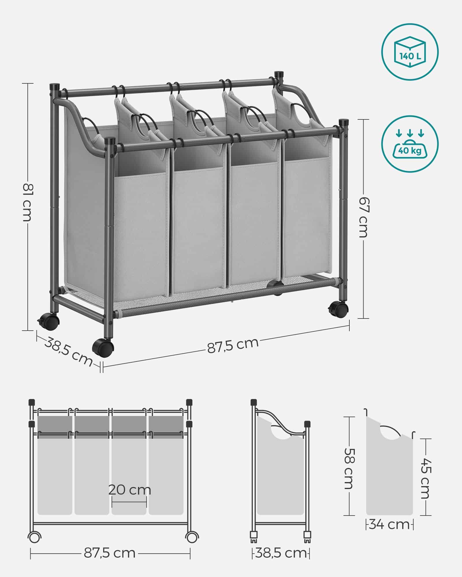 Wäschesammler 4 x 35 L Grau-B34LSF005GS Wäschesammler 4 x 35 L Grau-B34LSF005GS