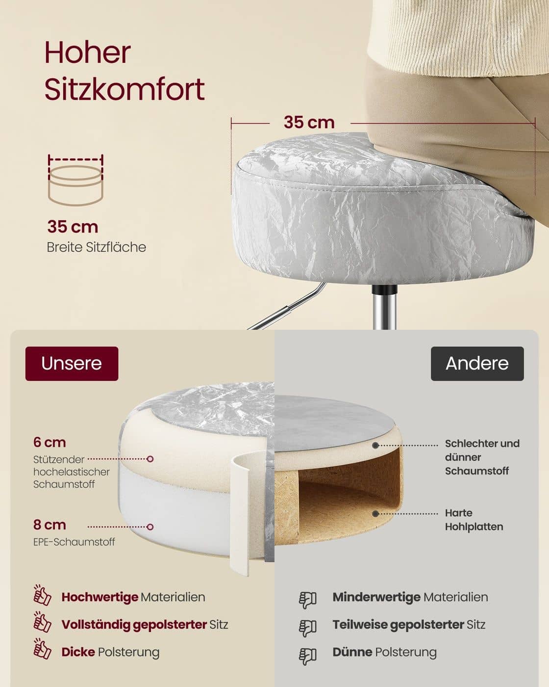 Höhenverstellbarer und 360° drehbarer Schminkhocker Taubengrau Höhenverstellbarer und 360° drehbarer Schminkhocker Taubengrau