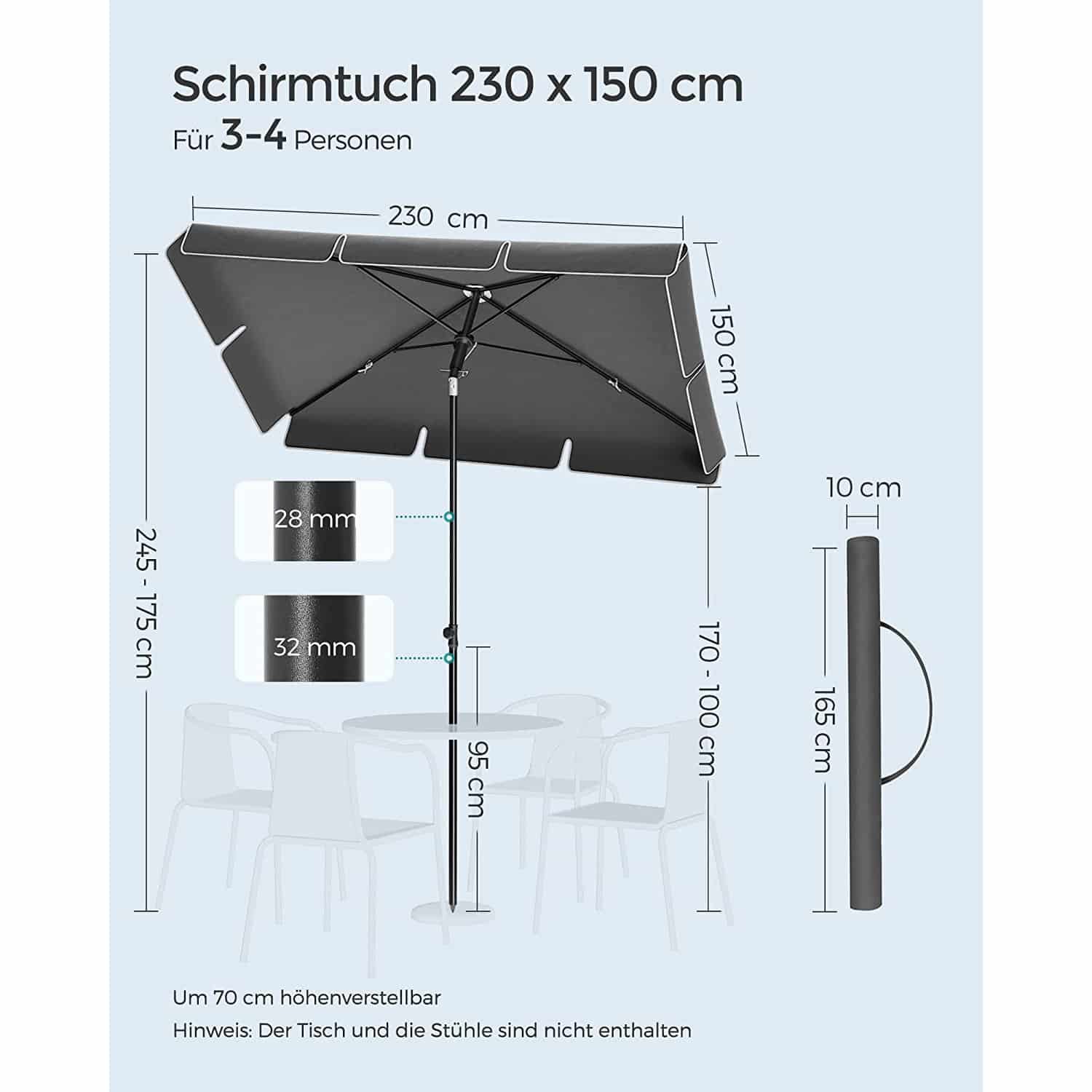 Sonnenschirm 230 x 150 cm höhenverstellbar grau-B34GPU044G01 Sonnenschirm 230 x 150 cm höhenverstellbar grau-B34GPU044G01