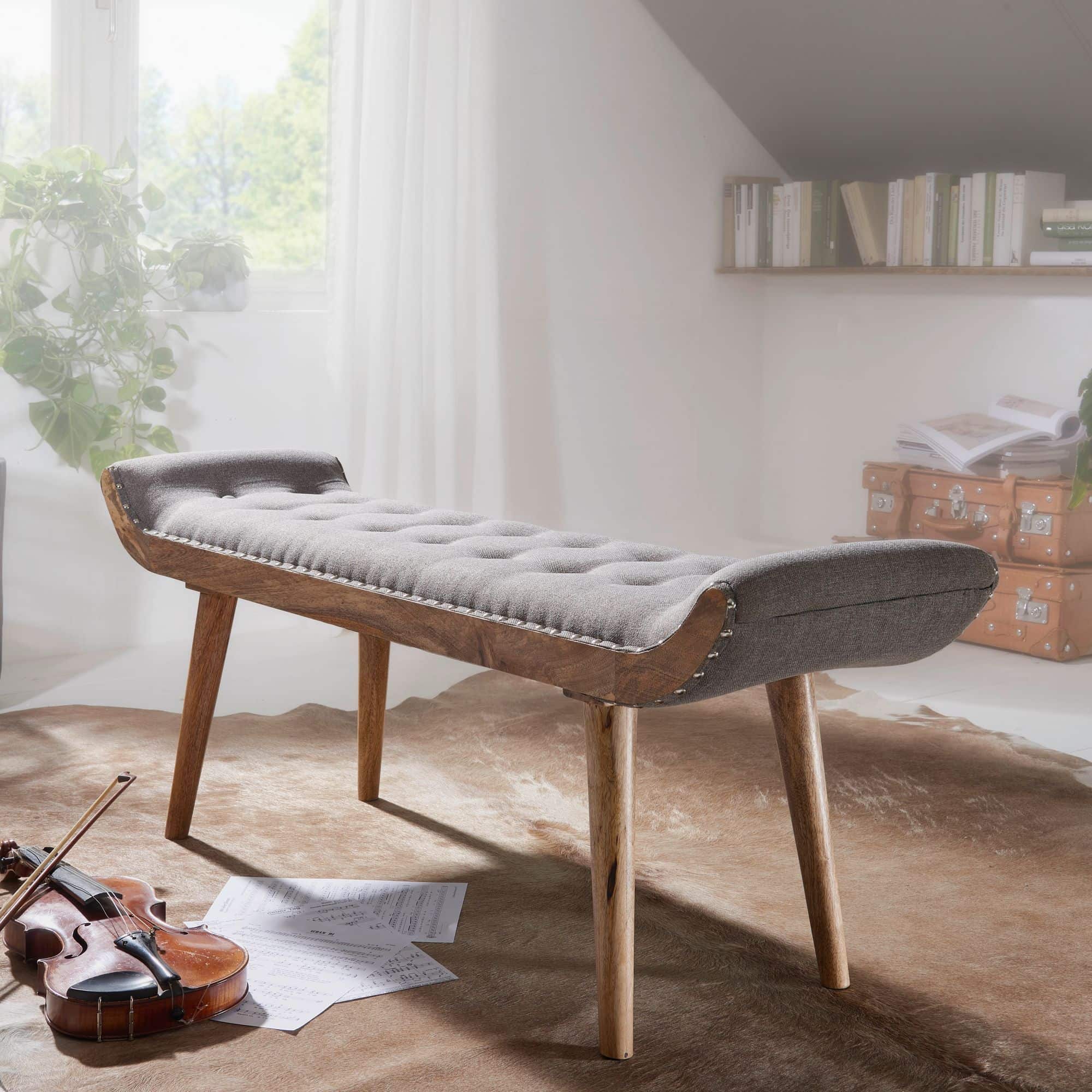 52306-WOHNLING-Sitzbank-WL6-013-WL6-013_1 Sitzbank Stoff / Massivholz Bank Grau 125x51x38 cm Chesterfield-Design