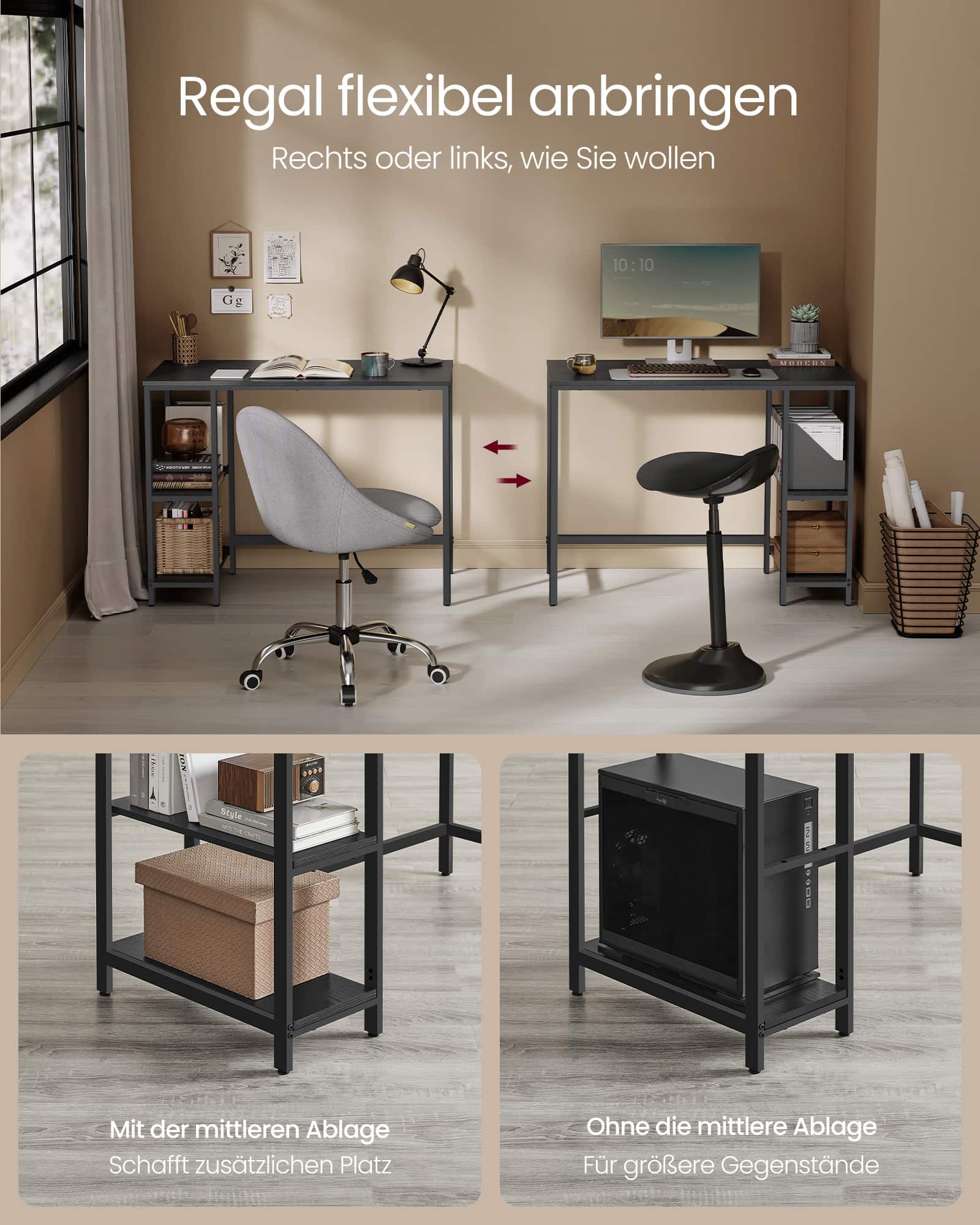 Schreibtisch mit 2 Ablagen und Stahlgestell ebenholzschwarz Schreibtisch mit 2 Ablagen und Stahlgestell ebenholzschwarz