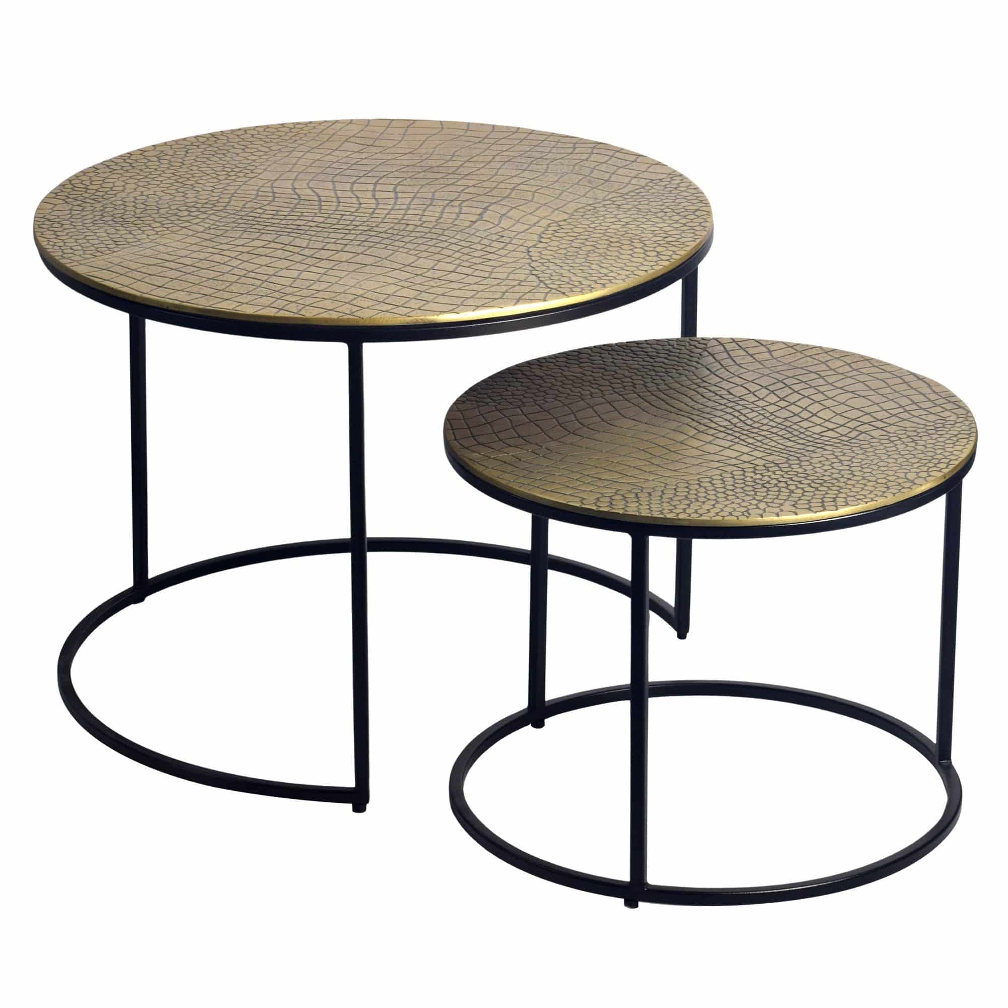 Satztisch Metall 2er Set rund gold - Couchtisch Aluminium Tischplatten mit Muster - Beistelltisch Sofatisch Alu modern - Wohnzimmertisch Eisen Gestell Handmade