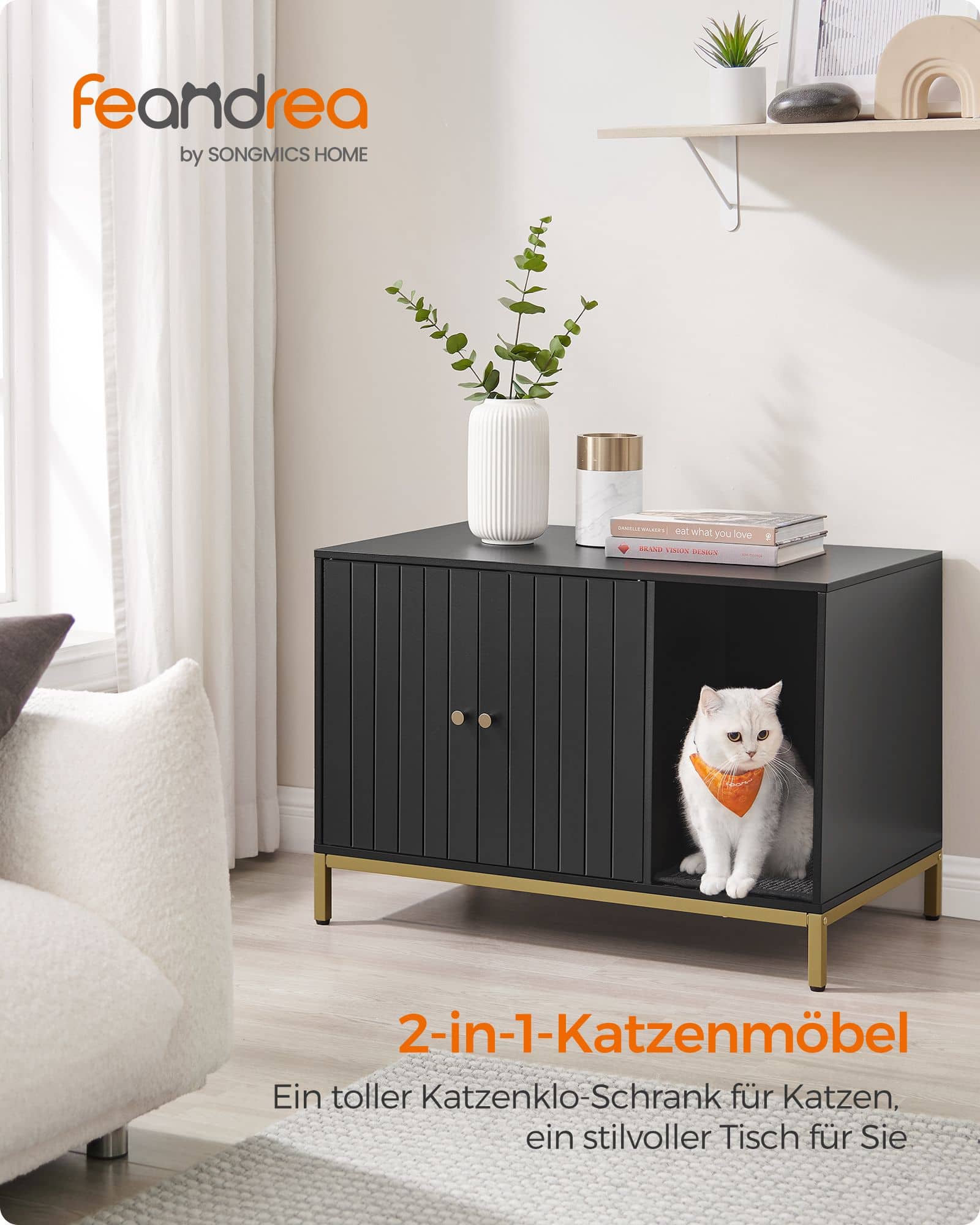 Katzenklo-Schrank mit Kratzmatte und Beinen goldfarben Katzenklo-Schrank mit Kratzmatte und Beinen goldfarben