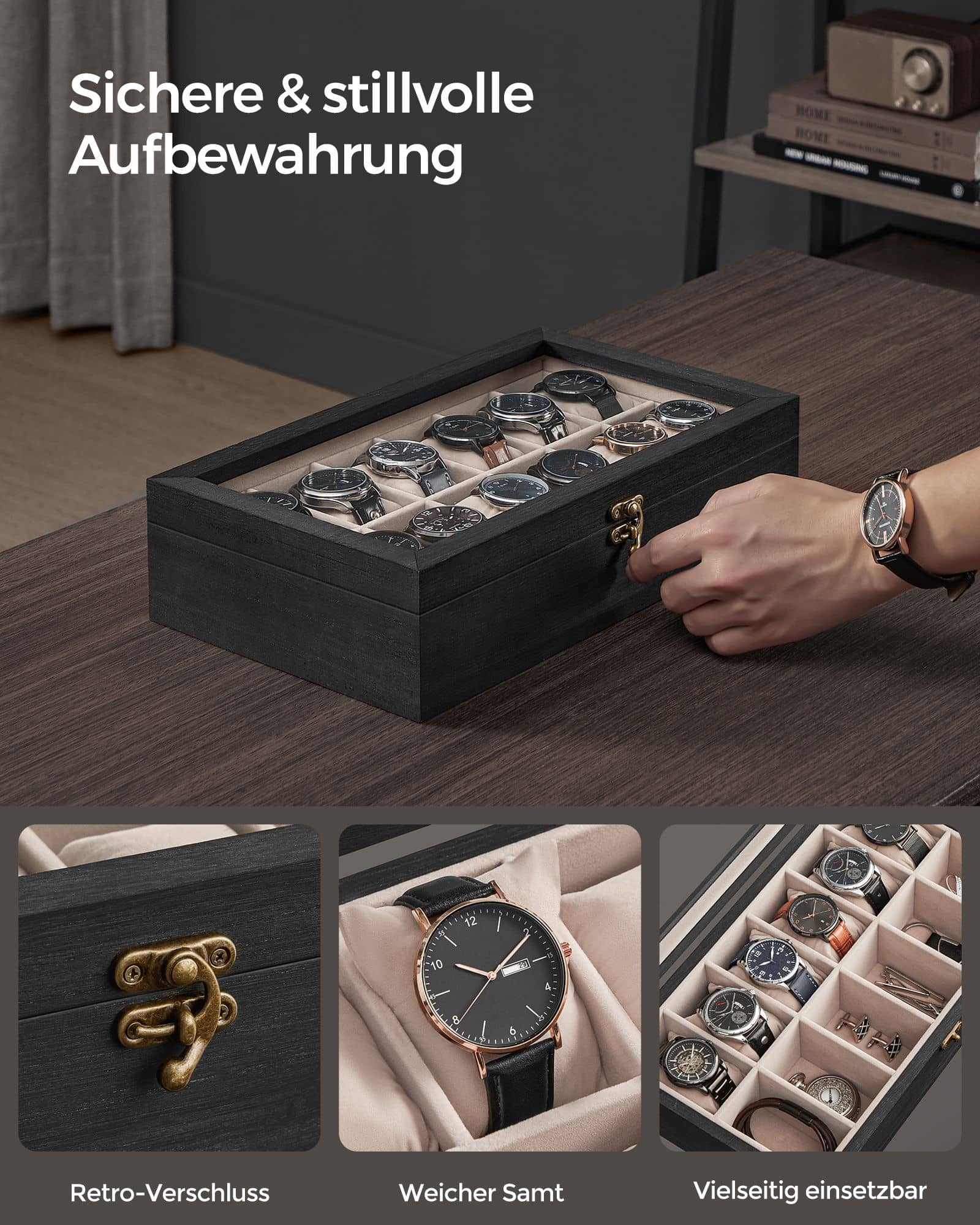 Uhrenbox mit 12 Fächern aus Massivholz