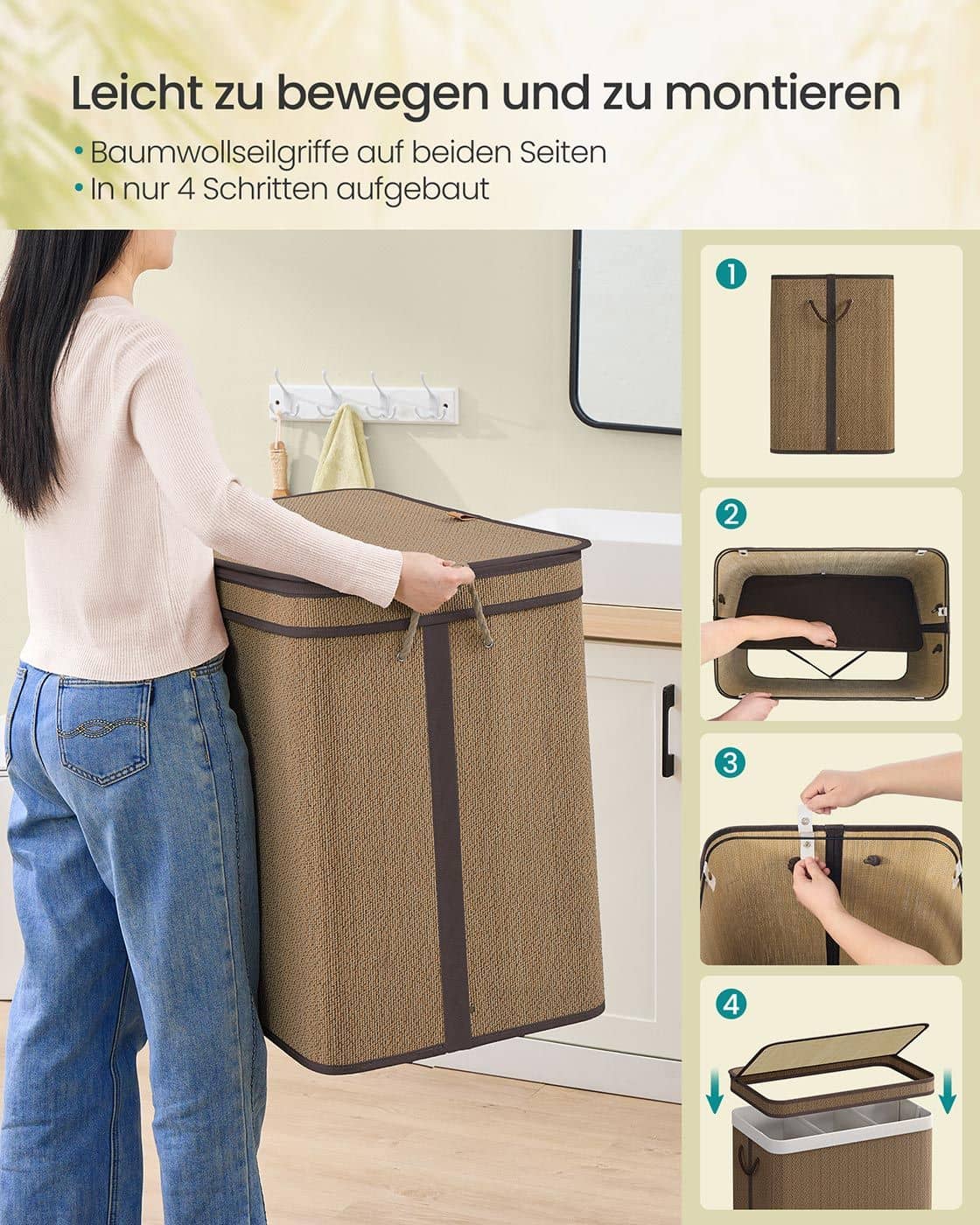 Wäschekorb 170 Liter aus Bambus mit 3 Fächern und Deckel braun