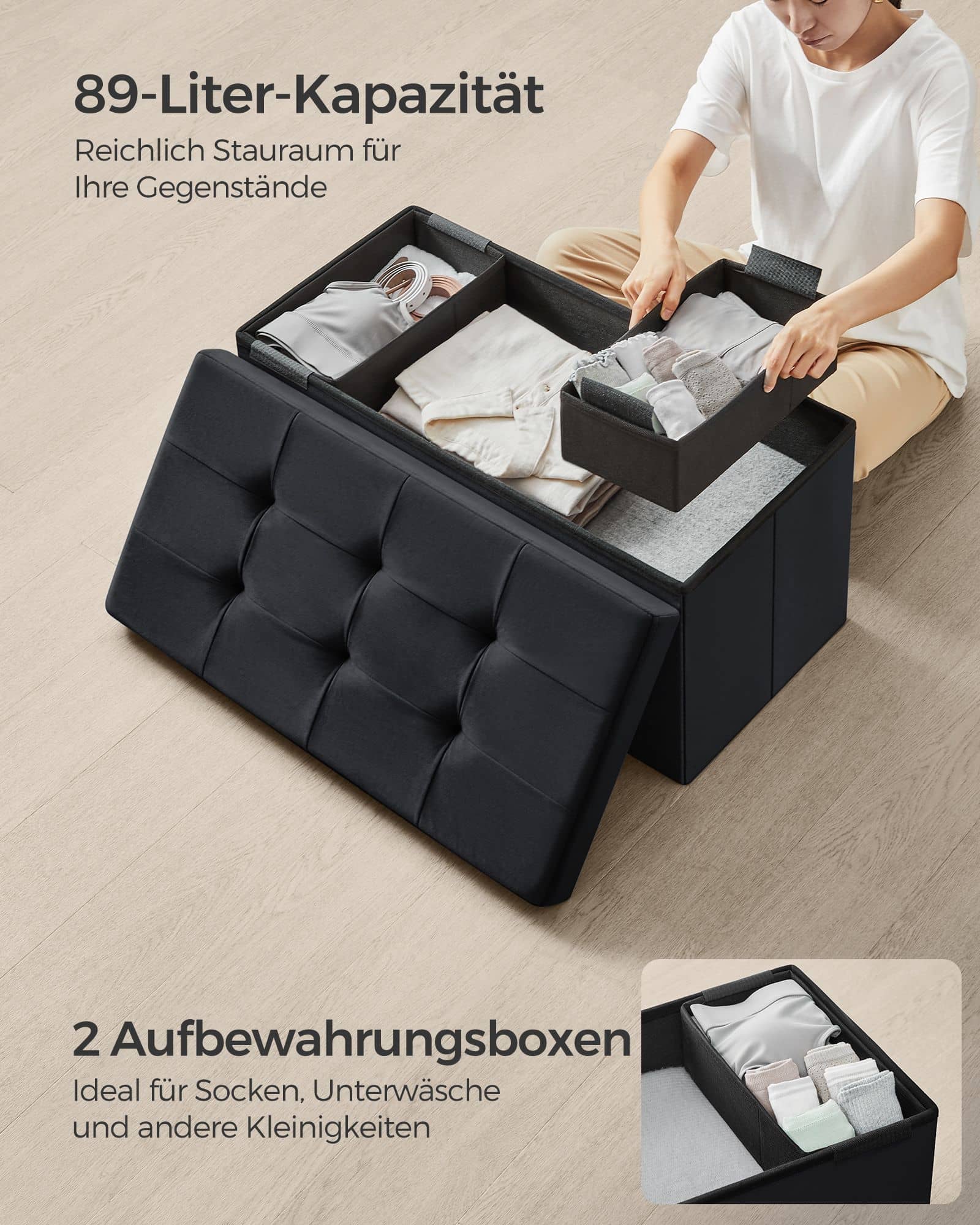 Sitzbank mit Stauraum aus Samt für Flur tintenschwarz Sitzbank mit Stauraum aus Samt für Flur tintenschwarz
