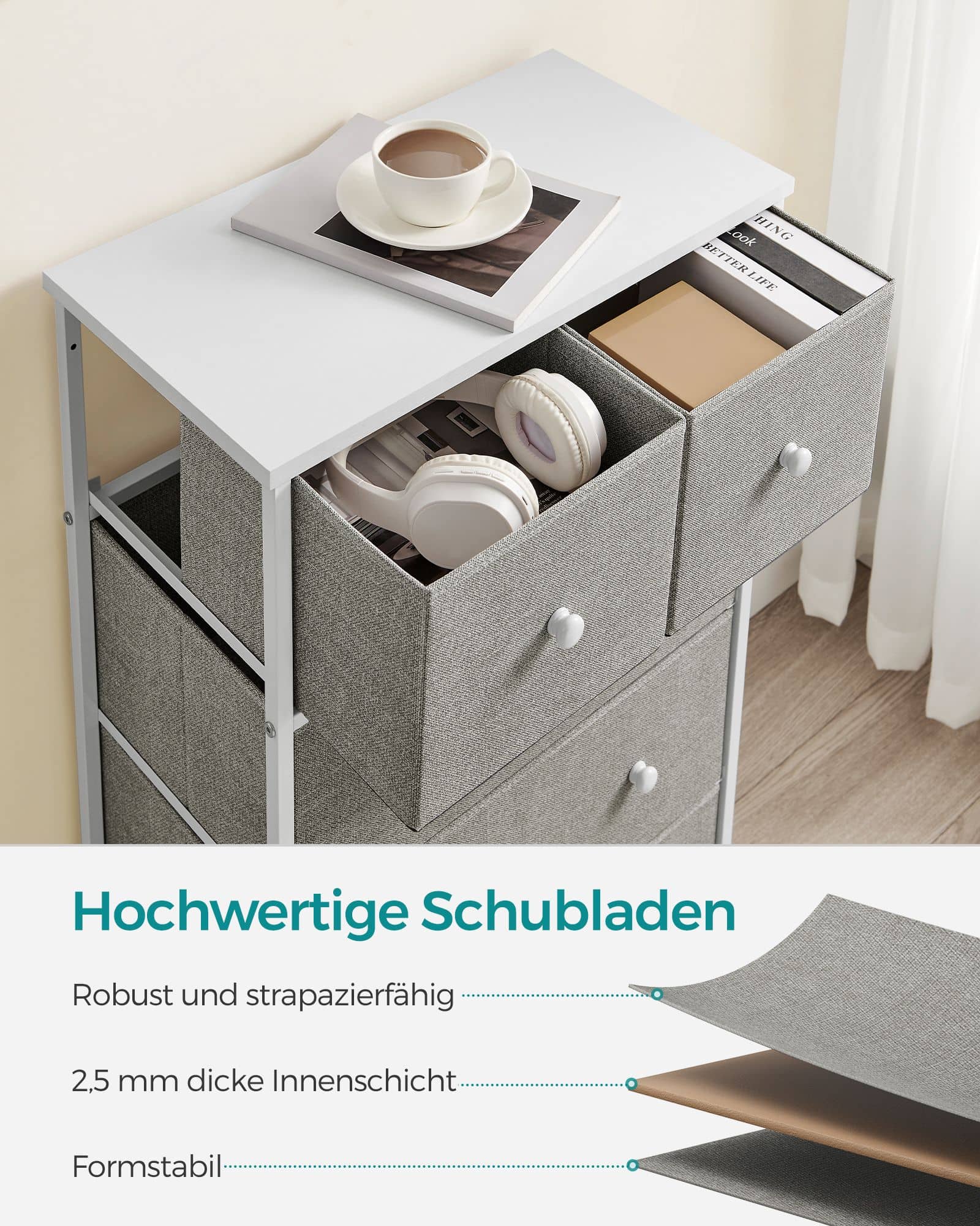 Kommode mit 5 Stoff-Schubladen und Metallrahmen hellgrau-weiß Kommode mit 5 Stoff-Schubladen und Metallrahmen hellgrau-weiß