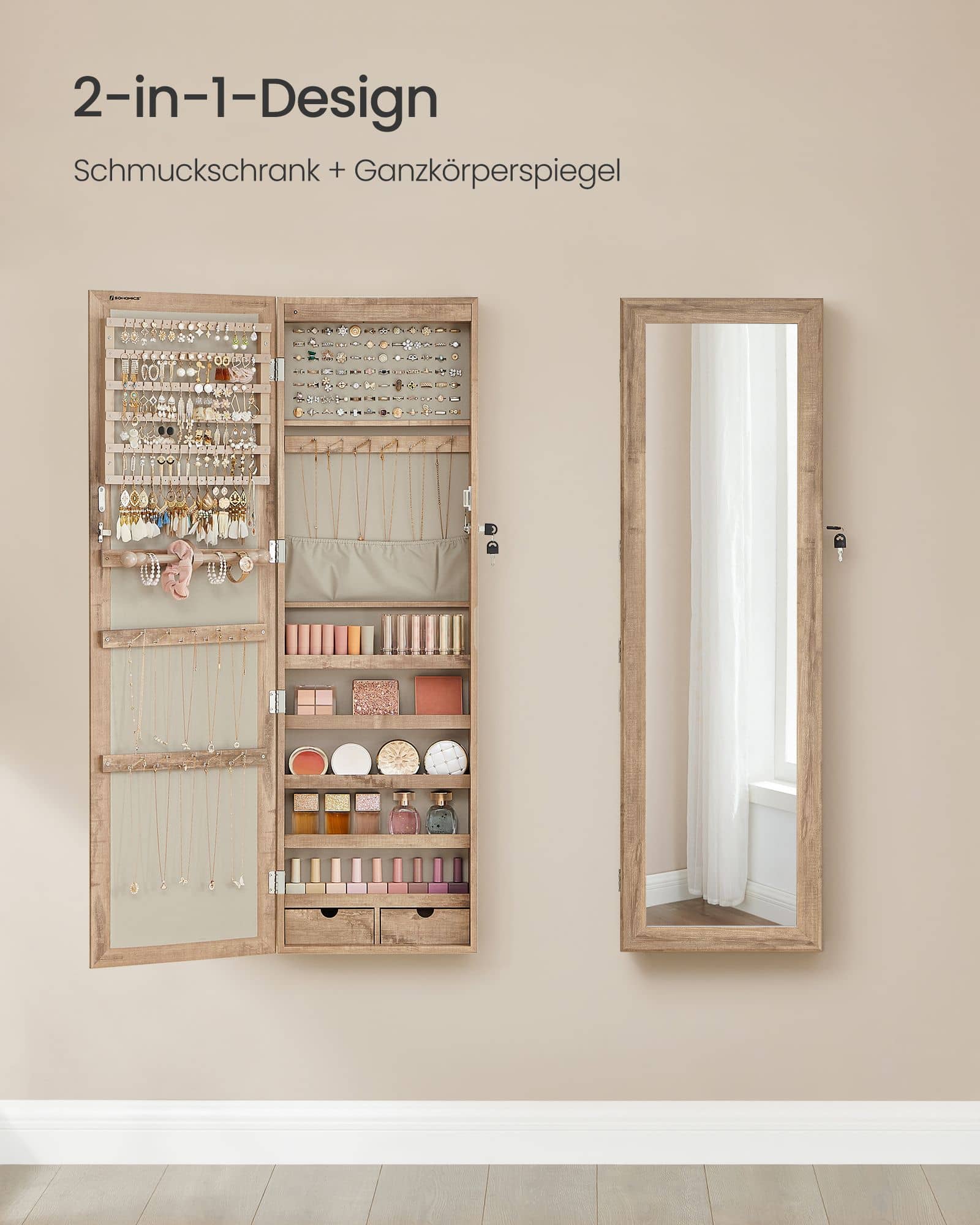 Schmuckschrank 120 cm hoch mit beleuchtetem Innenspiegel eichenbraun Schmuckschrank 120 cm hoch mit beleuchtetem Innenspiegel eichenbraun