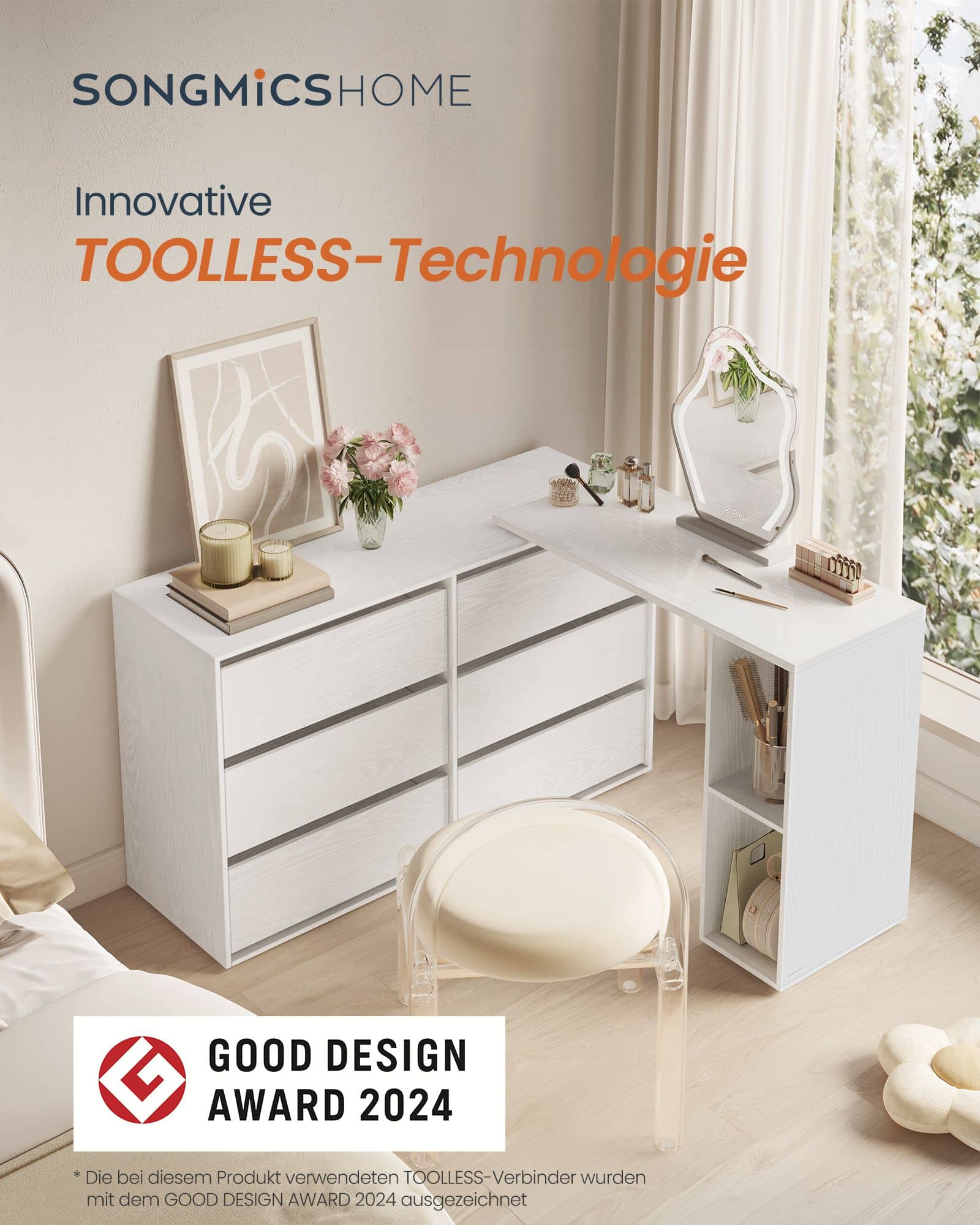 Schminktisch mit Regal nebeneinander oder L-förmig schneeweiß