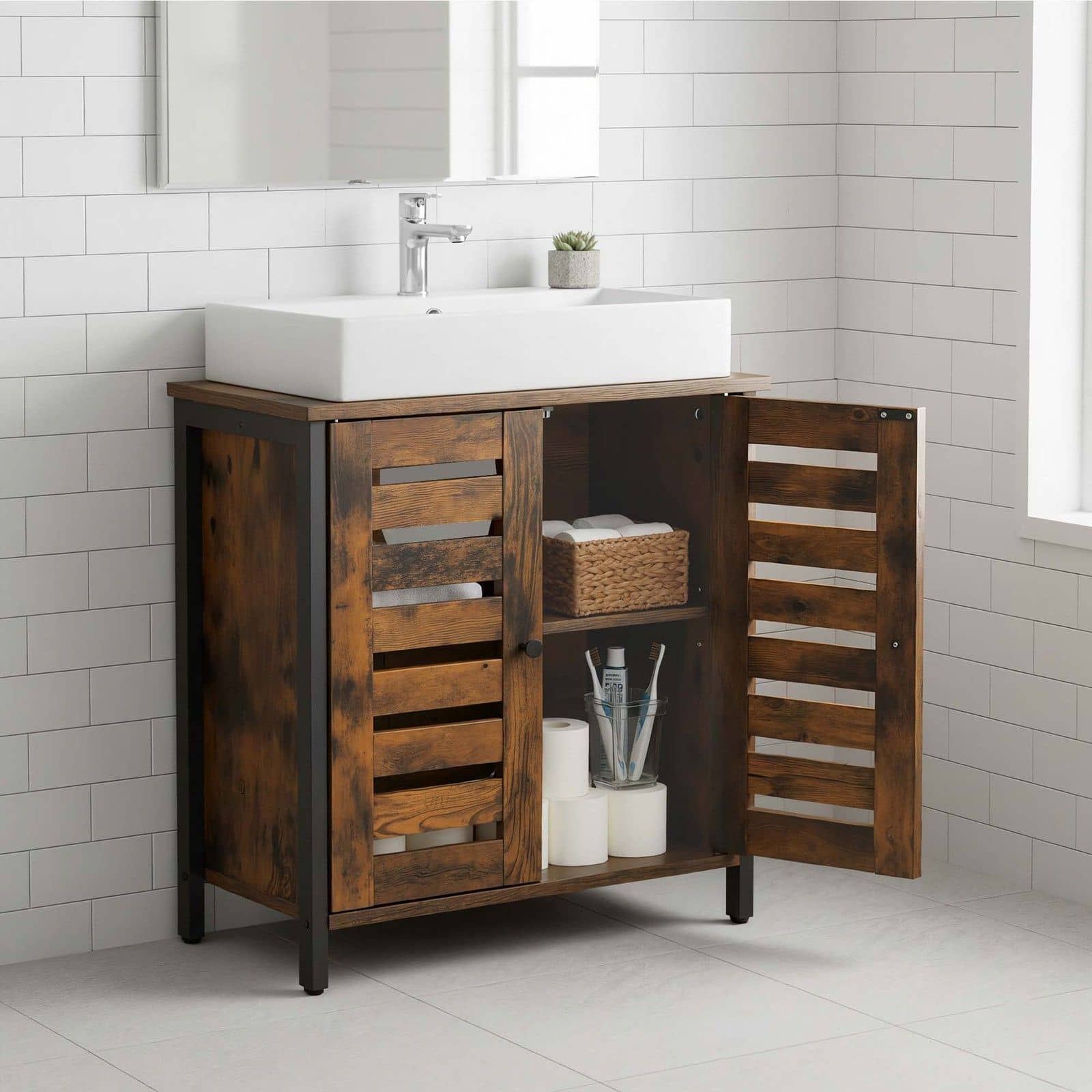 Aufbewahrungsschrank für Badezimmer, Waschbeckenunterschrank, mit 2 Lamellentüren Aufbewahrungsschrank für Badezimmer, Waschbeckenunterschrank, mit 2 Lamellentüren