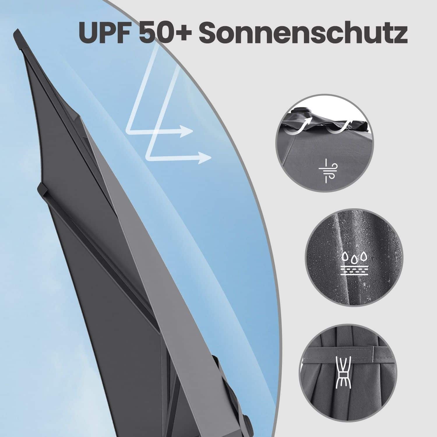 Sonnenschirm 300 cm, UPF 50+, Strandschirm
