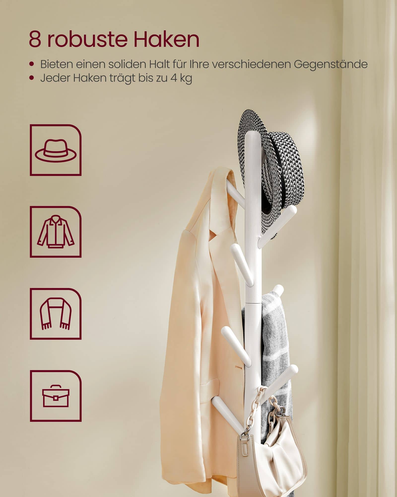 Kleiderständer mit 8 Haken und Ablagefläche wolkenweiß