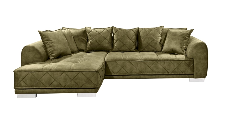 Sentina_Salvador-10-olive_frontal Olivgrüne Harmonie: Das ED Exciting Design Sofa Sentina in erfrischendem Olive – Luxuriöses Ecksofa mit beidseitiger Montage und Nosagfederung