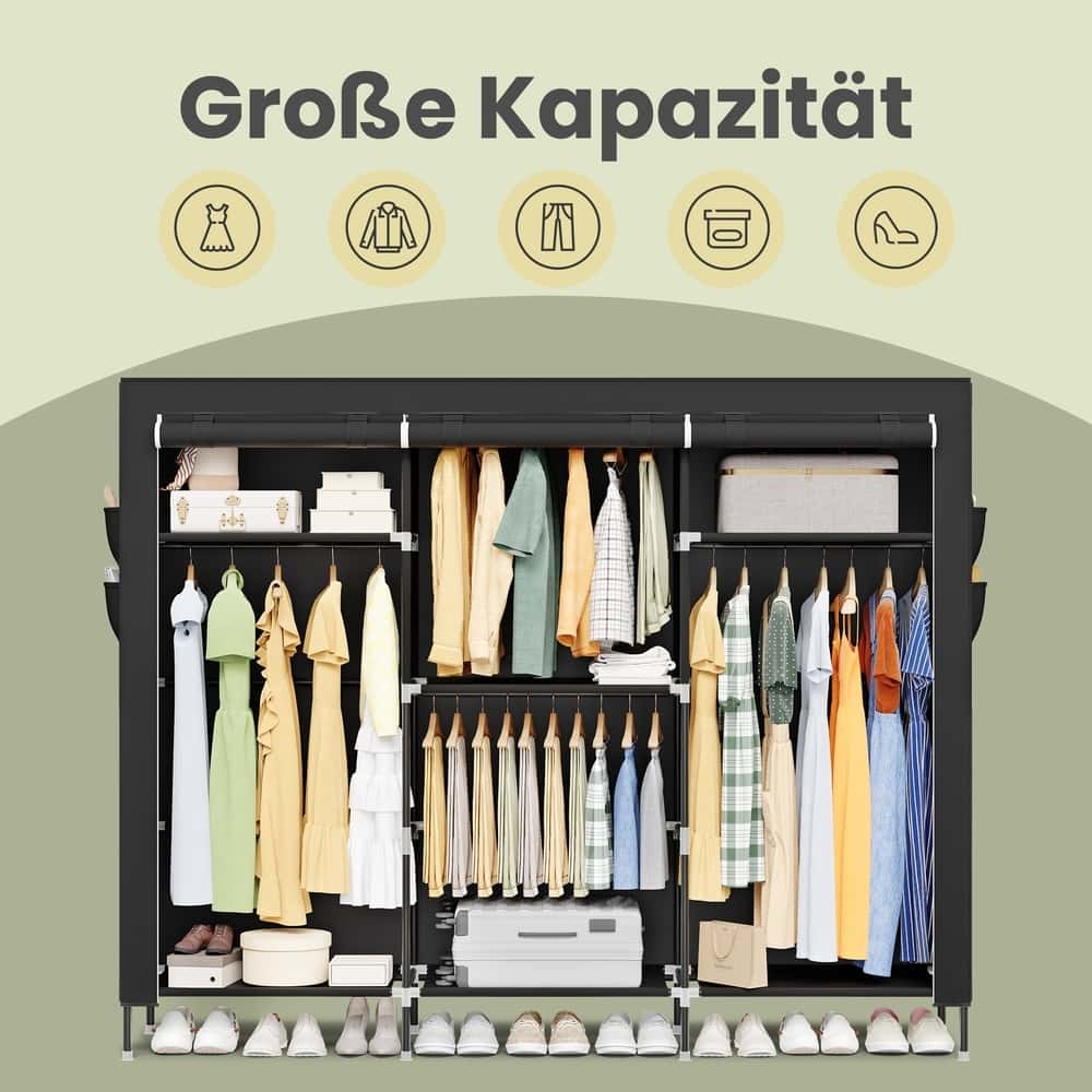 Stoffschrank mit Kleiderstange, Kleiderschrank mit Seitentaschen, Schrank für Schlafzimmer