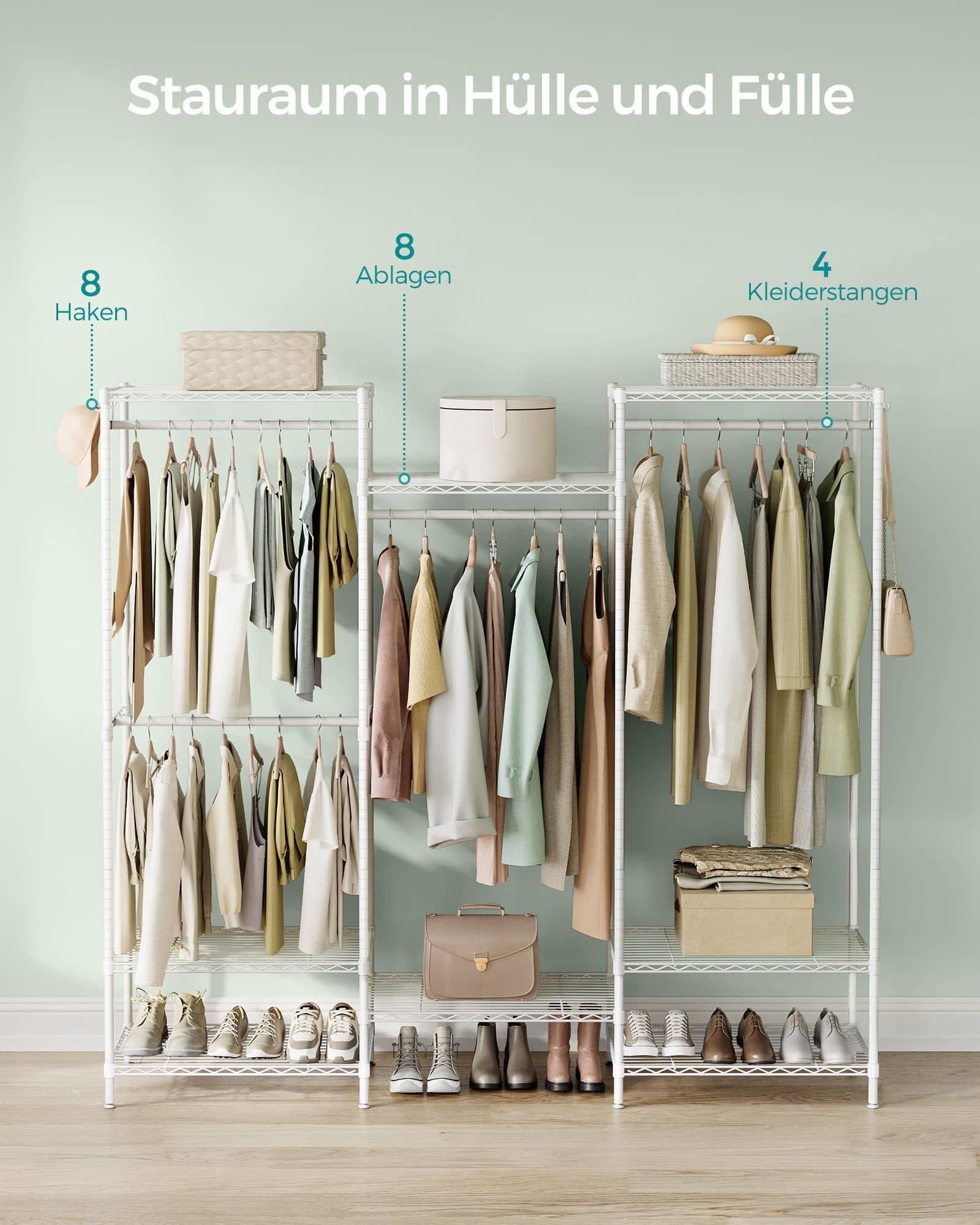 Garderobe aus Metall mit verstellbaren Ablagen wolkenweiß Garderobe aus Metall mit verstellbaren Ablagen wolkenweiß