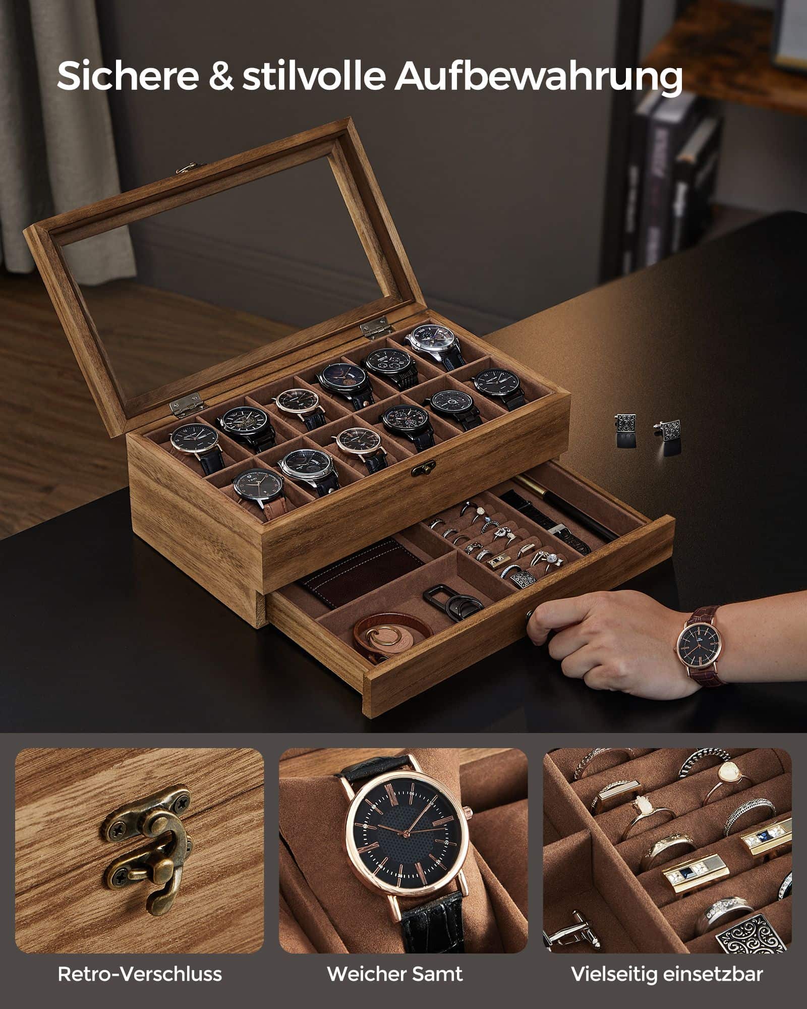 Uhrenbox mit 12 Fächern aus Massivholz walnussfarben Uhrenbox mit 12 Fächern aus Massivholz walnussfarben