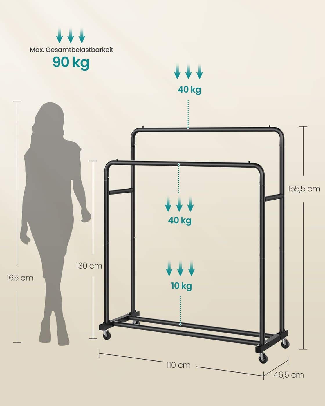 Kleiderständer mit Rollen für flexible Aufbewahrung tintenschwarz