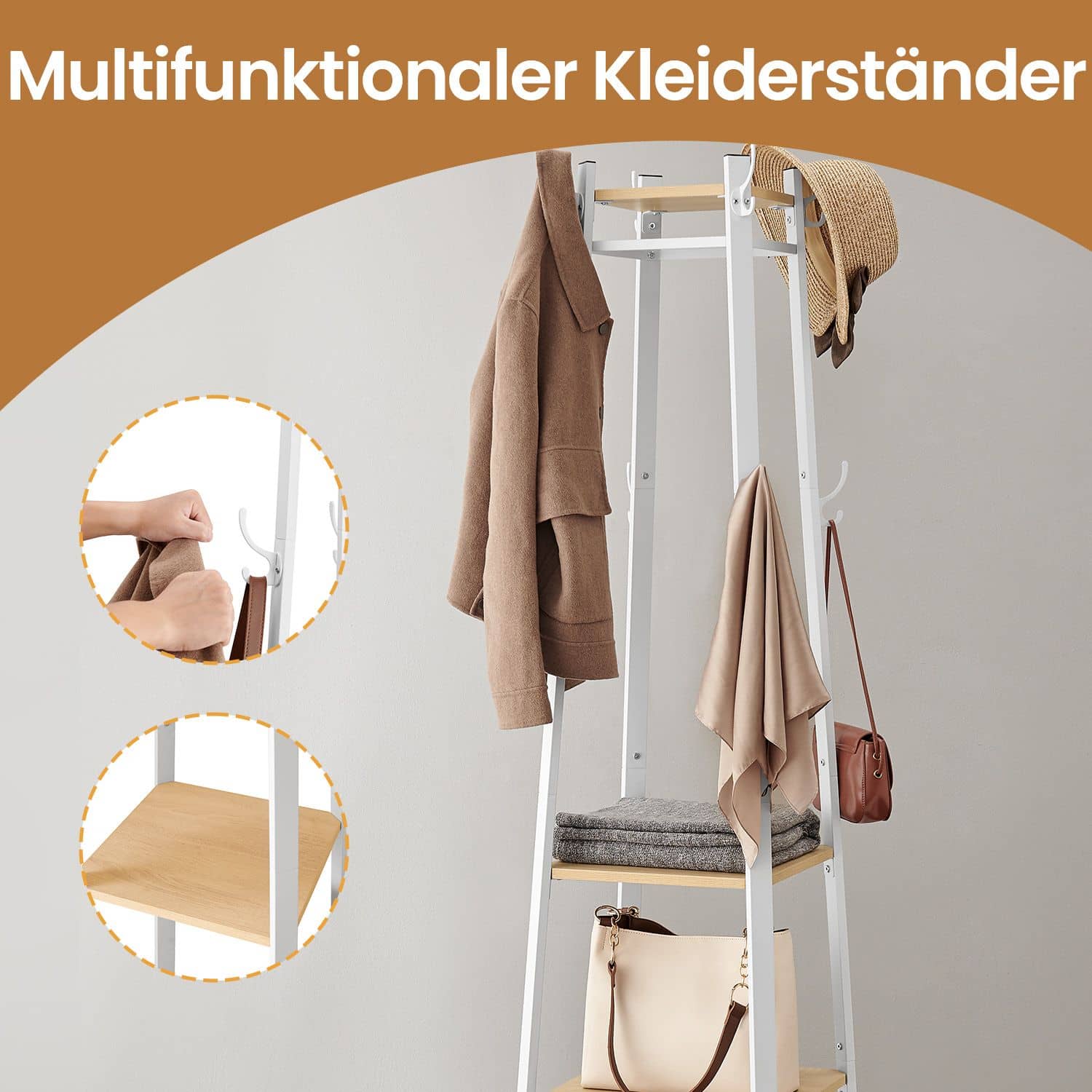 Garderobenständer, Kleiderständer, Garderobe mit 4 Ablagen Garderobenständer, Kleiderständer, Garderobe mit 4 Ablagen