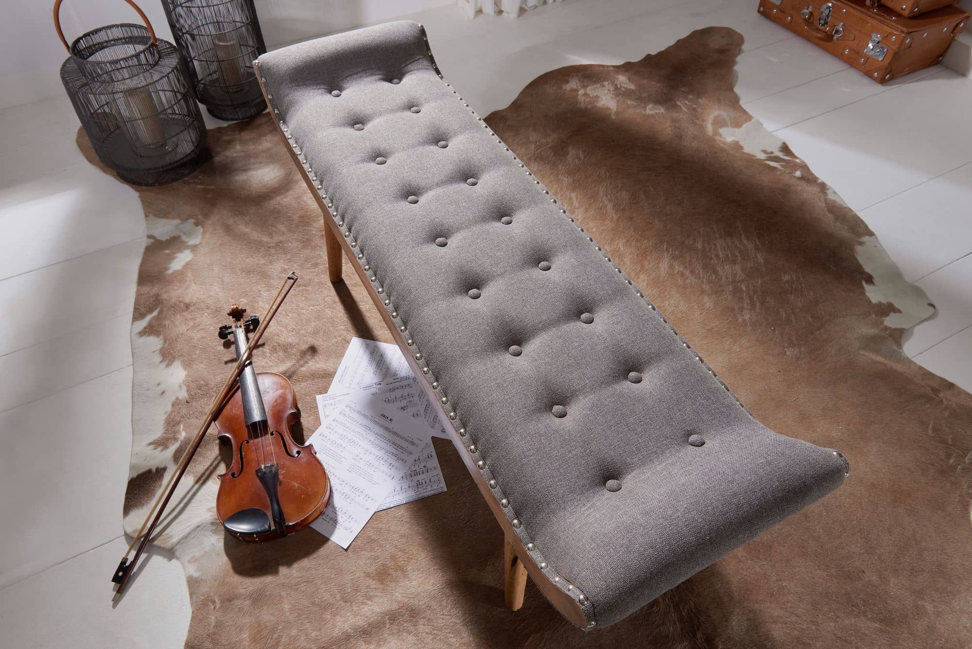 52306-WOHNLING-Sitzbank-WL6-013-WL6-013_4 Sitzbank Stoff / Massivholz Bank Grau 125x51x38 cm Chesterfield-Design