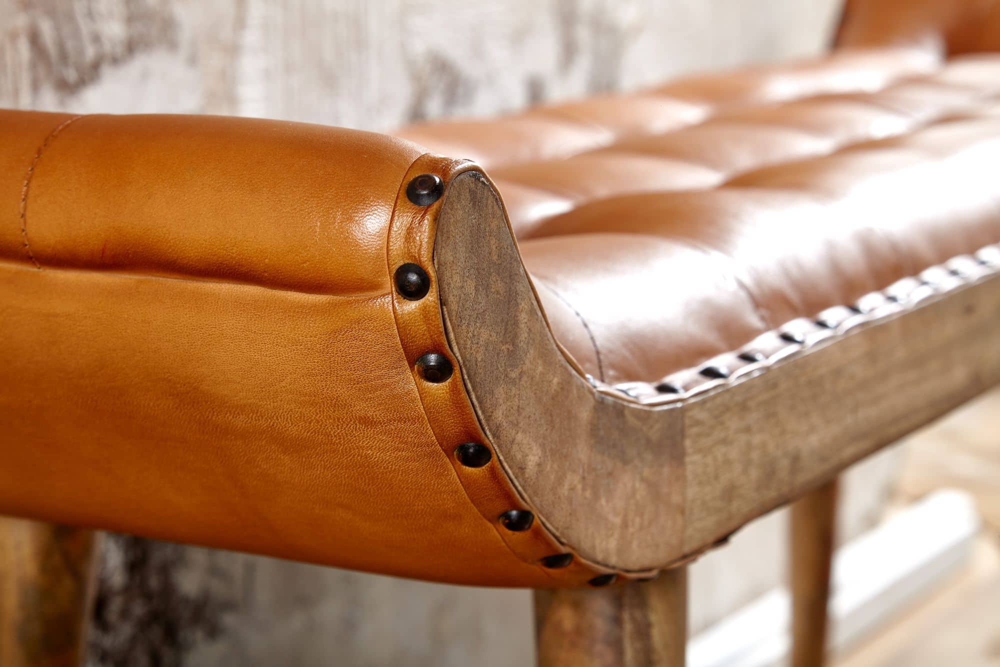 Sitzbank Echtleder / Massivholz Bank Braun 125x50x38 cm Chesterfield