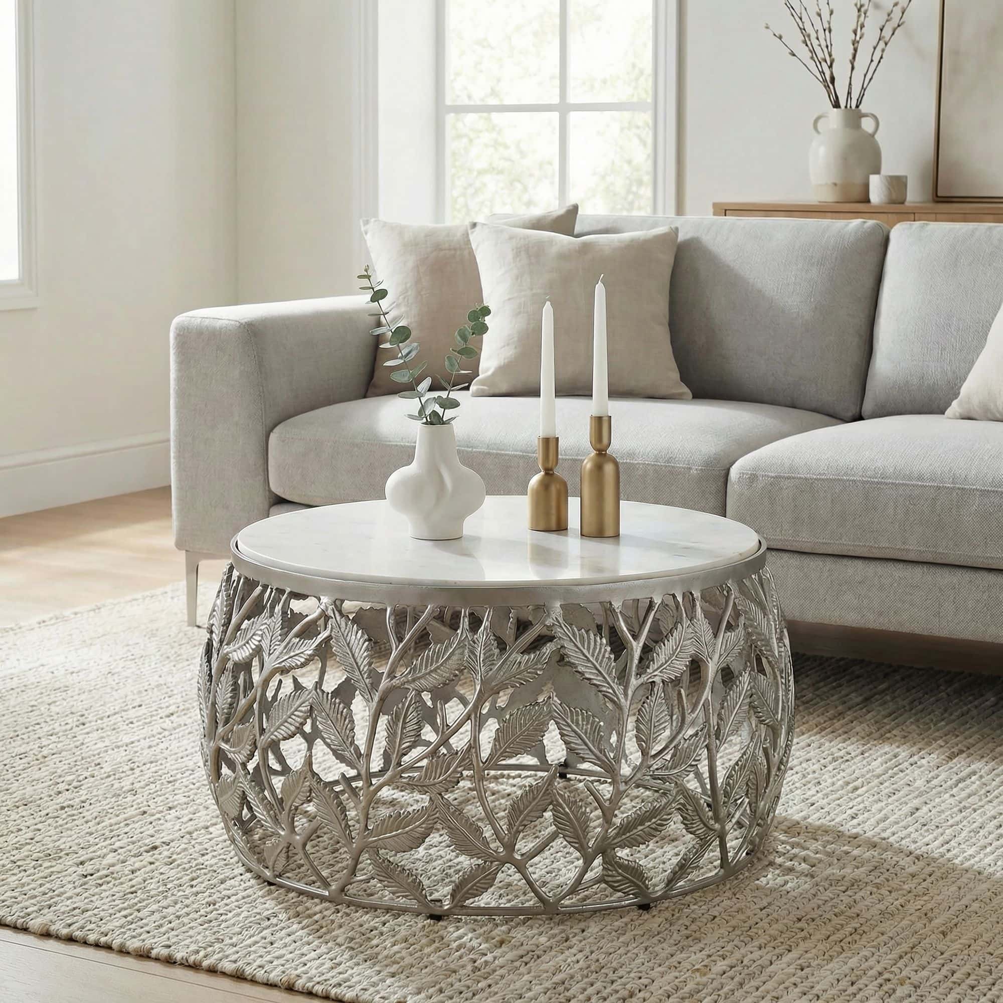 Couchtisch 60cm Silber mit weißer Marmor Tischplatte - Wohnzimmertisch rund - Sofatisch modern - Beistelltisch Aluminium - Design Beistelltisch Wohnzimmer Metallgestell Handmade