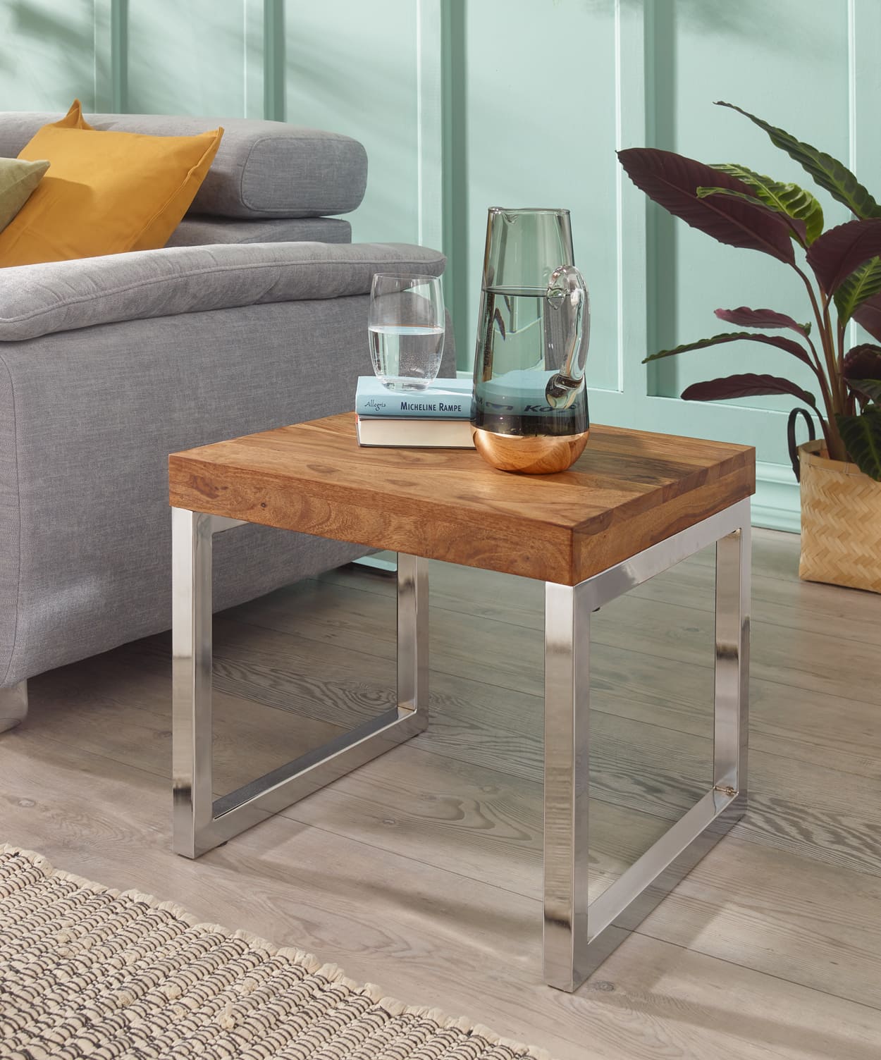 Beistelltisch GUNA Massiv-Holz Sheesham Wohnzimmer-Tisch Metallgestell Couchtisch Landhaus-Stil dunkelbraun natur Beistelltisch GUNA Massiv-Holz Sheesham Wohnzimmer-Tisch Metallgestell Couchtisch Landhaus-Stil dunkelbraun natur
