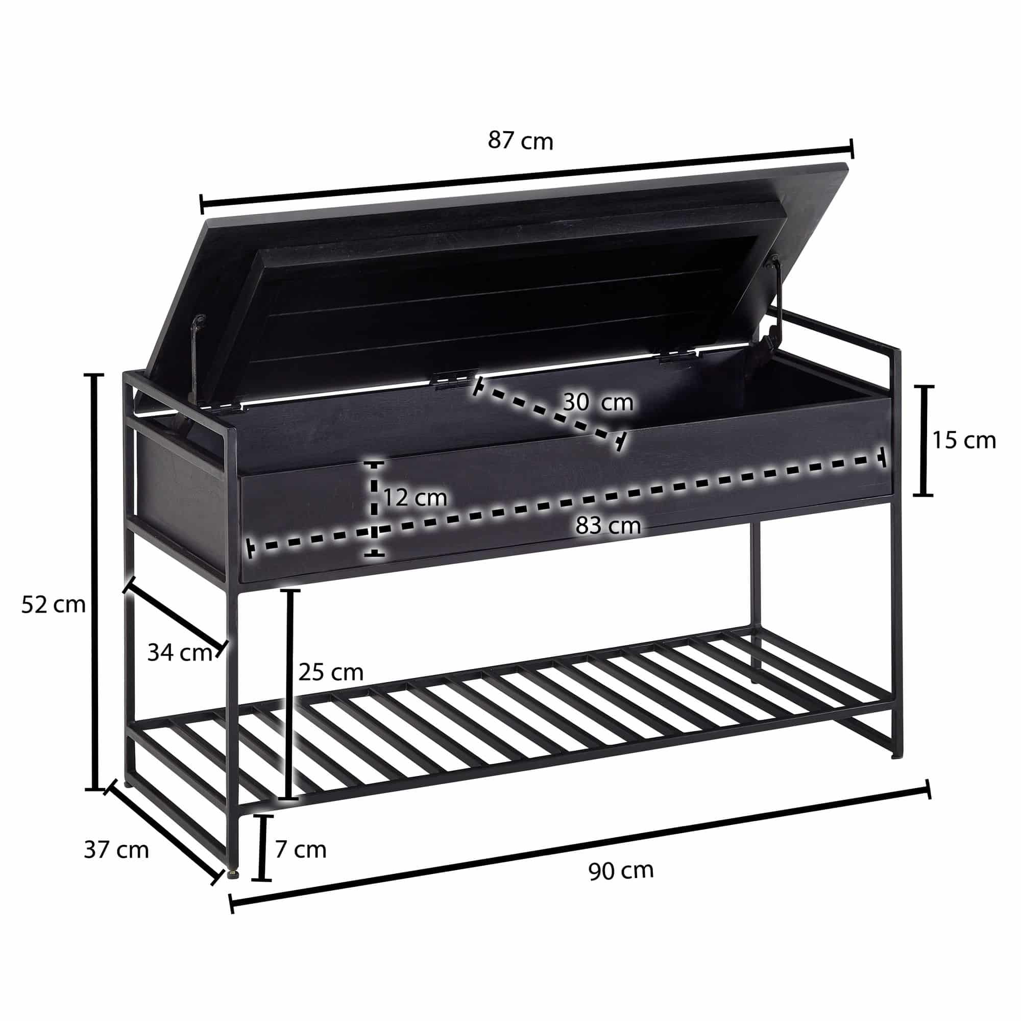 67859-Wohnling-Sitzbank-90x38x52-cm-Schwarz-WL6-587-WL6-587_9 Sitzbank mit Stauraum 90x52x38 cm Mango Massivholz / Metall Flurbank Schwarz