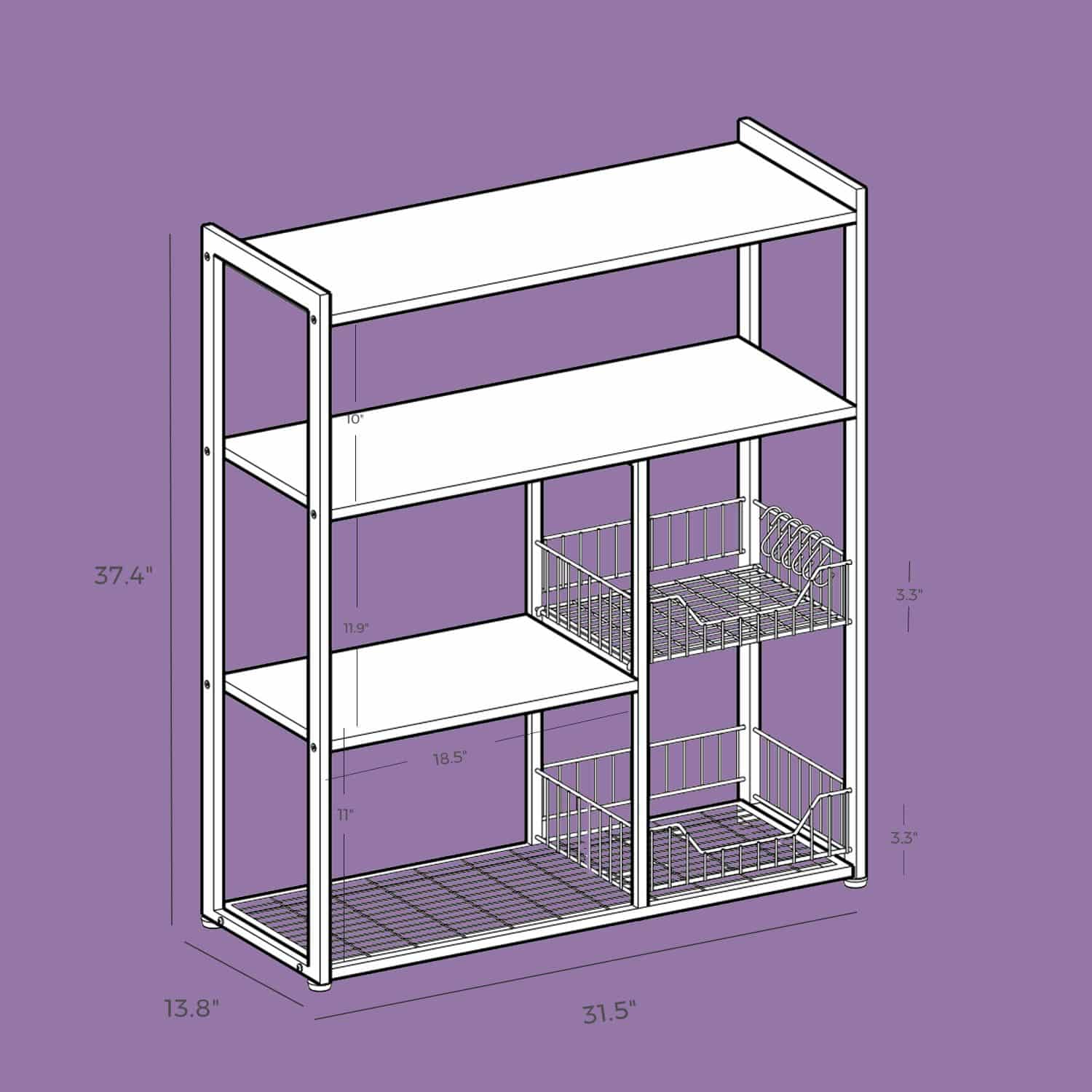 Küchenregal, Standregal, Bäckerregal mit Haken und Regalablagen