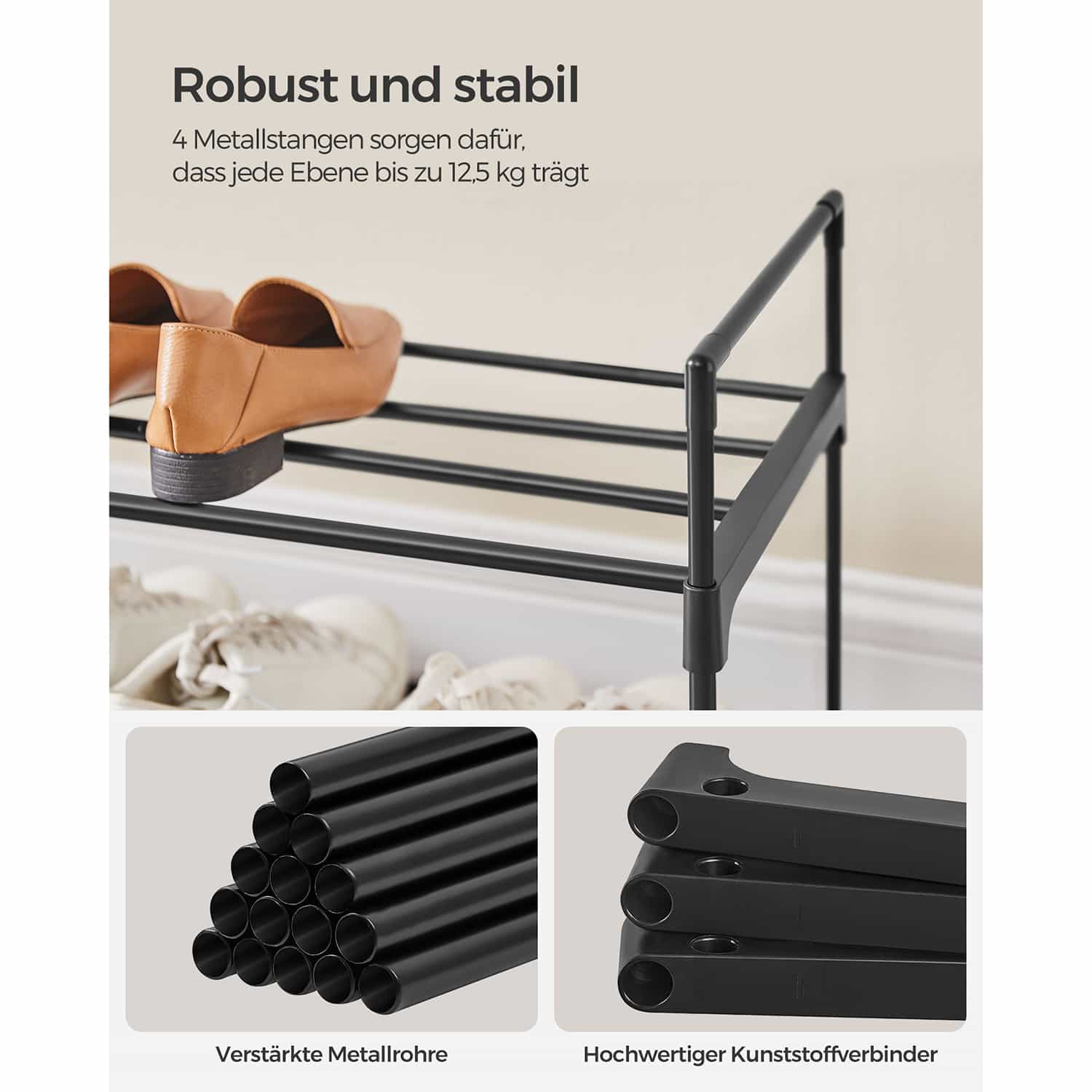 Schuhregal mit 3 Ebenen aus Metall 30 x 116 x 55 cm stapelbar