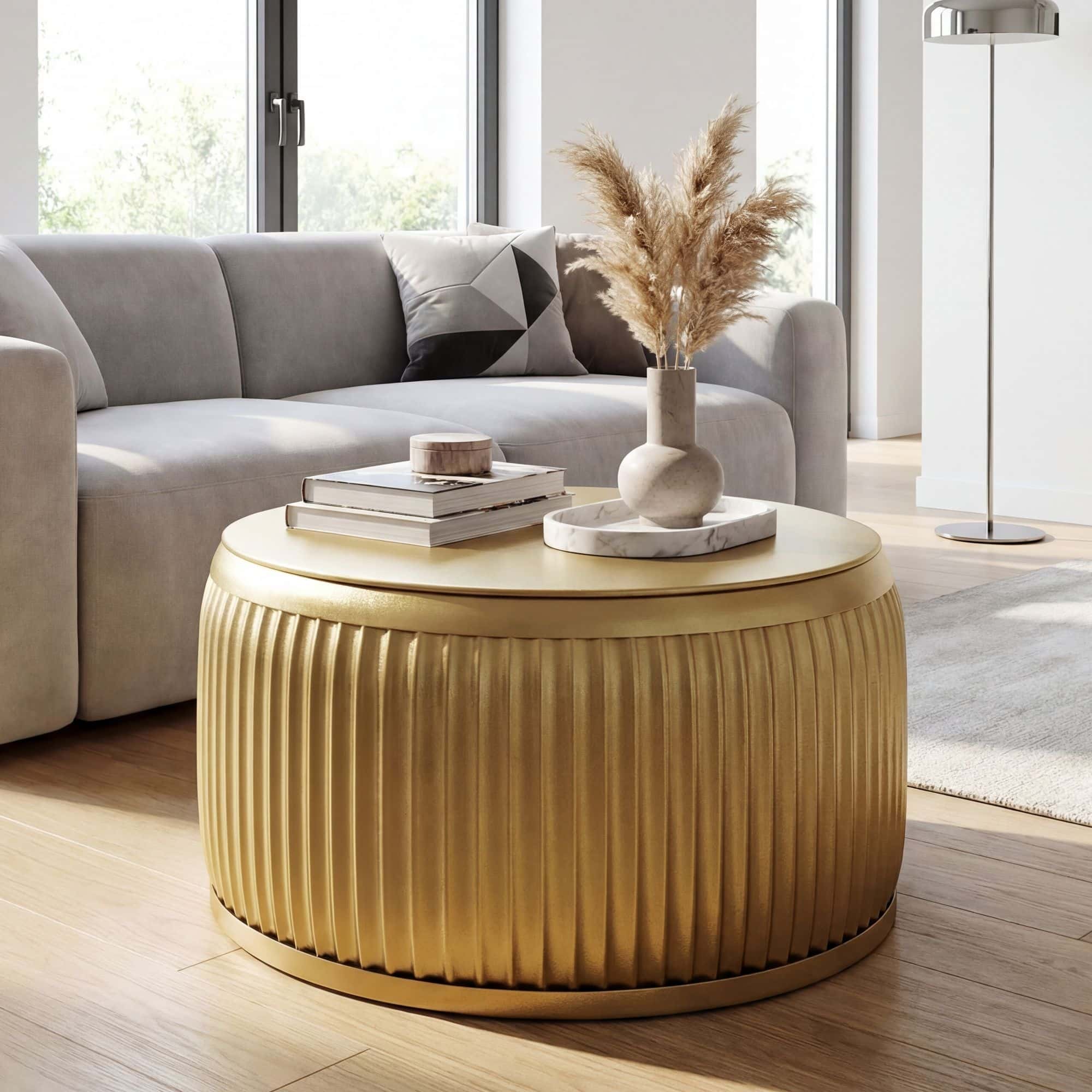 Couchtisch Metall Rund 60cm Gold mit abnehmbarer Tischplatte - Design Wohnzimmertisch mit Stauraum - Extravaganter Loungetisch Metall - Moderner Sofatisch - Beistelltisch Handmade