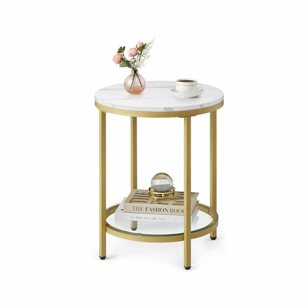 Beistelltisch 2 Ebenen in weißer Marmoroptik mit schwarzem Gestell Marmorweiß-Helles Gold