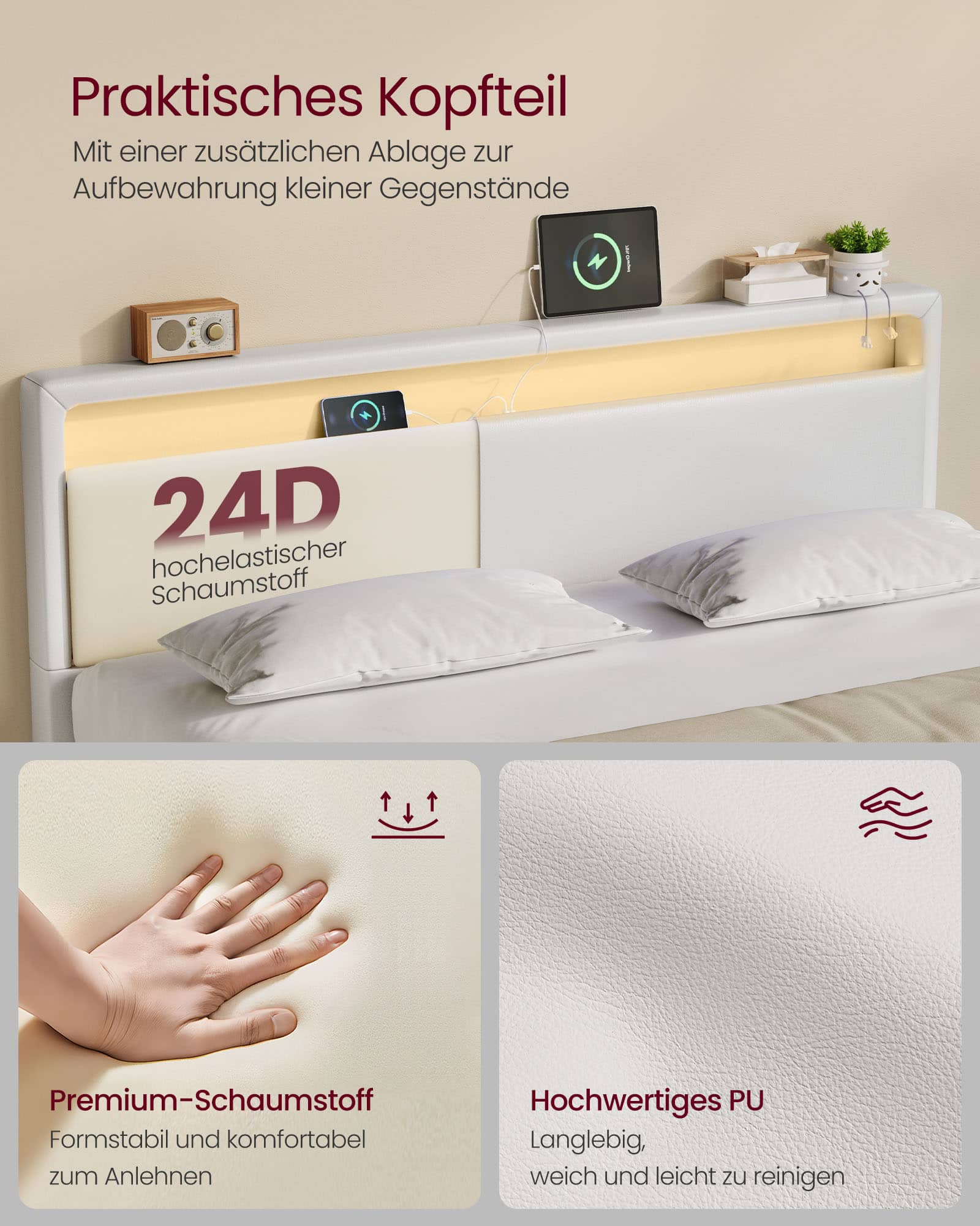 Bettgestell mit LED-Beleuchtung und Ladestation 140 x 200 cm Bettgestell mit LED-Beleuchtung und Ladestation 140 x 200 cm