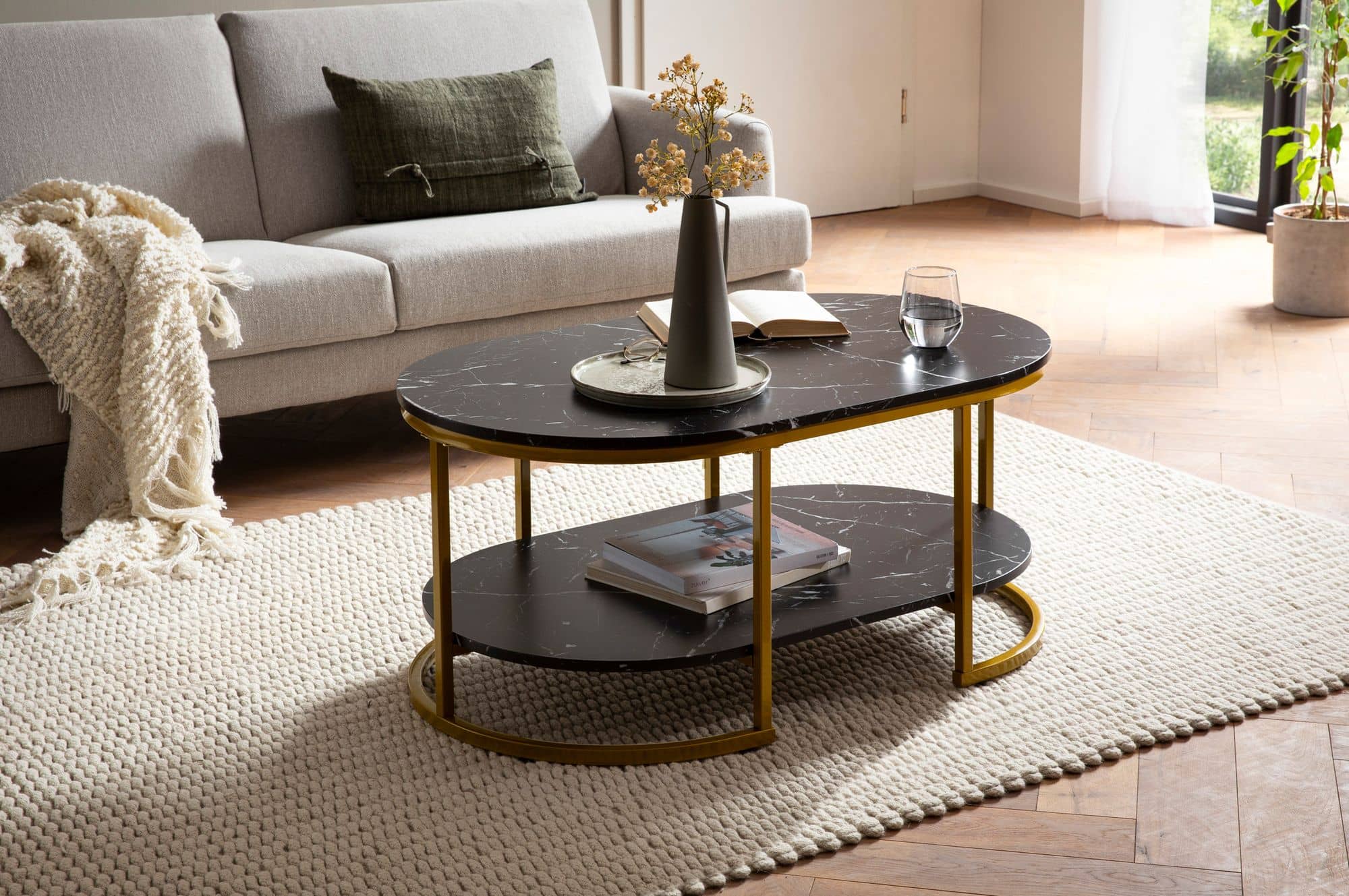 Couchtisch 100x60x45 cm Schwarz mit Marmor Optik Couchtisch 100x60x45 cm Schwarz mit Marmor Optik
