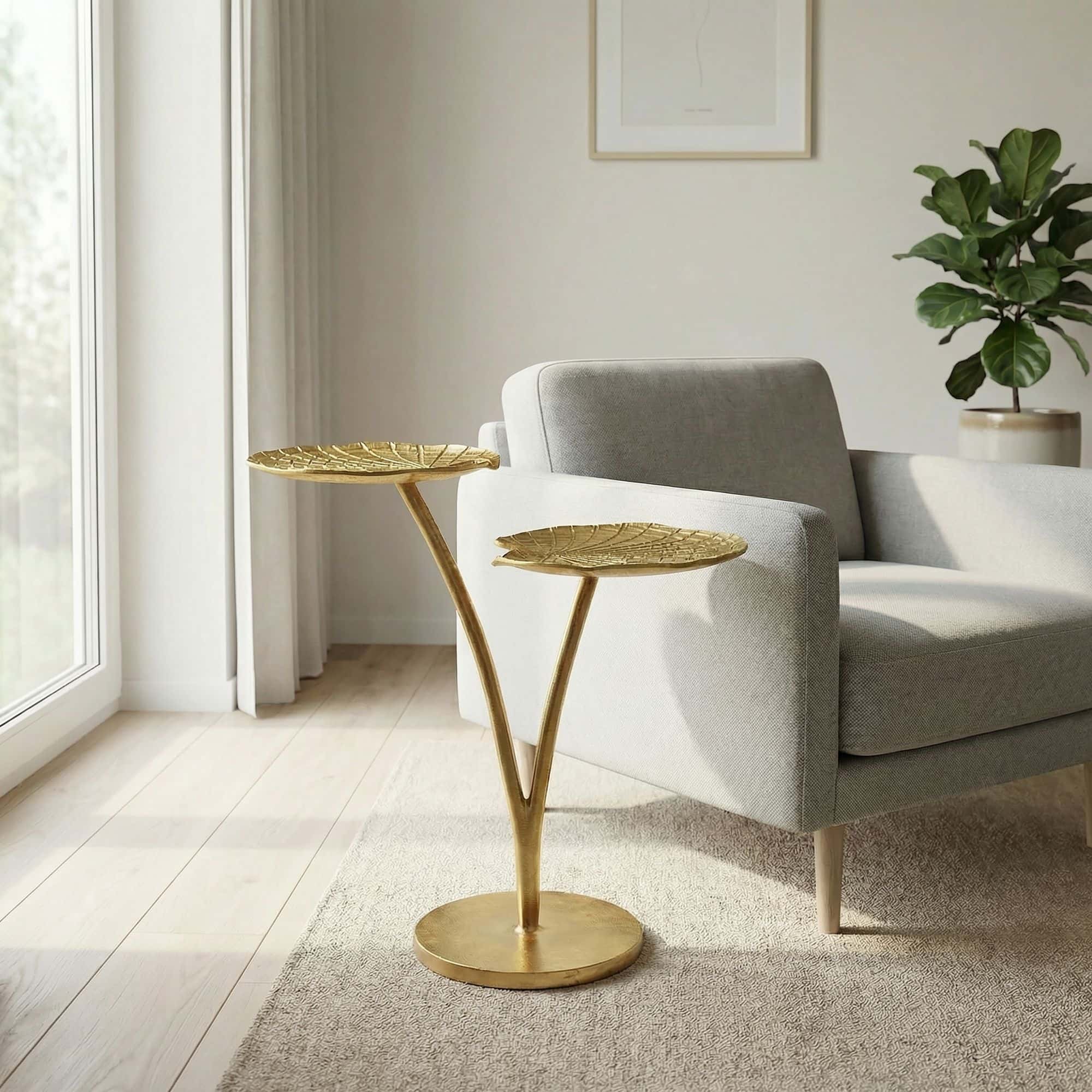 Beistelltisch Seerosenblatt Gold 57cm Aluminium Tisch - Design Anstelltisch Alu Modern Rund - Wohnzimmertisch Metall - Metalltisch Dekotisch Couchtisch Handmade