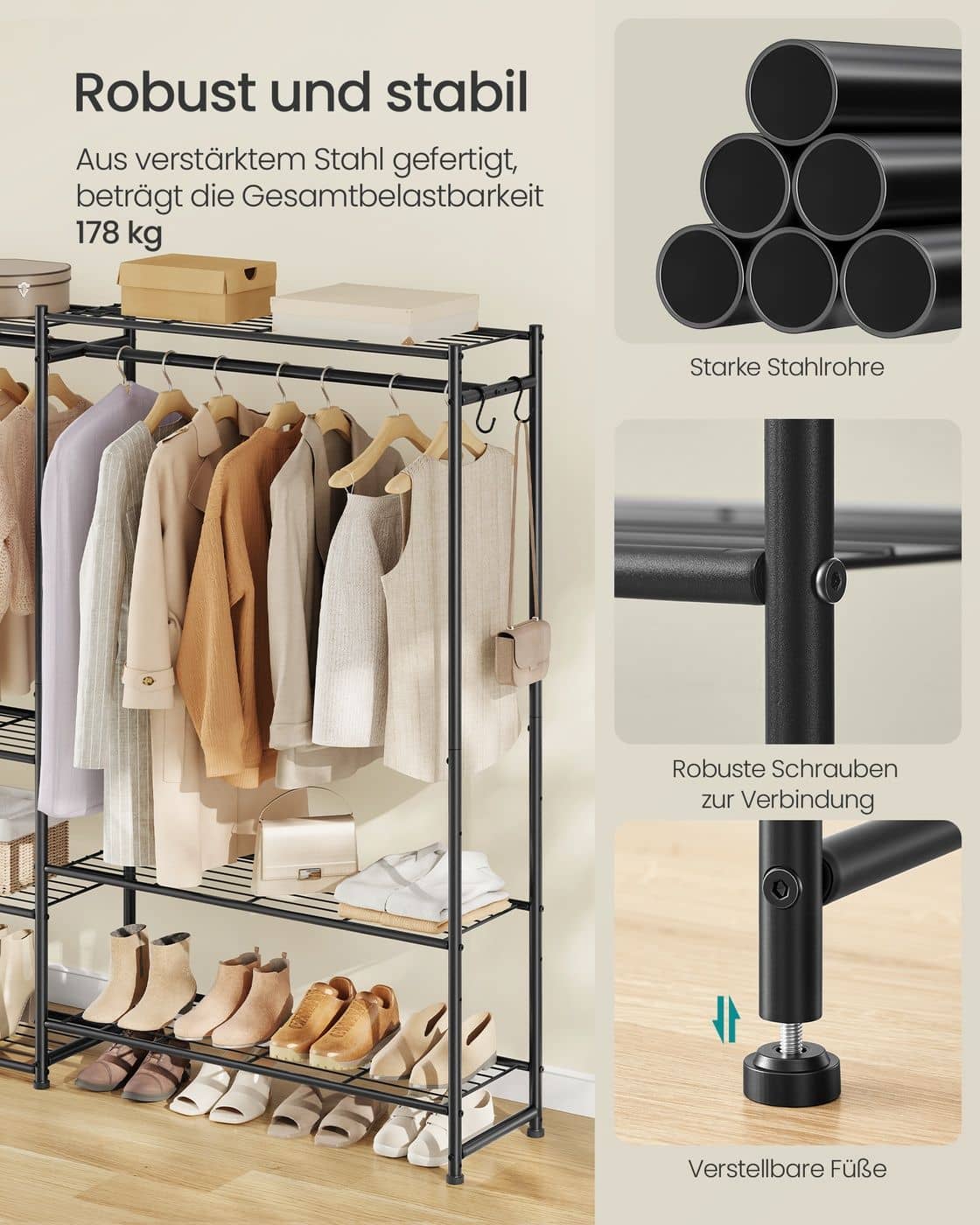 Offener Kleiderschrank mit 10 Ablagen und 3 Kleiderstangen Offener Kleiderschrank mit 10 Ablagen und 3 Kleiderstangen