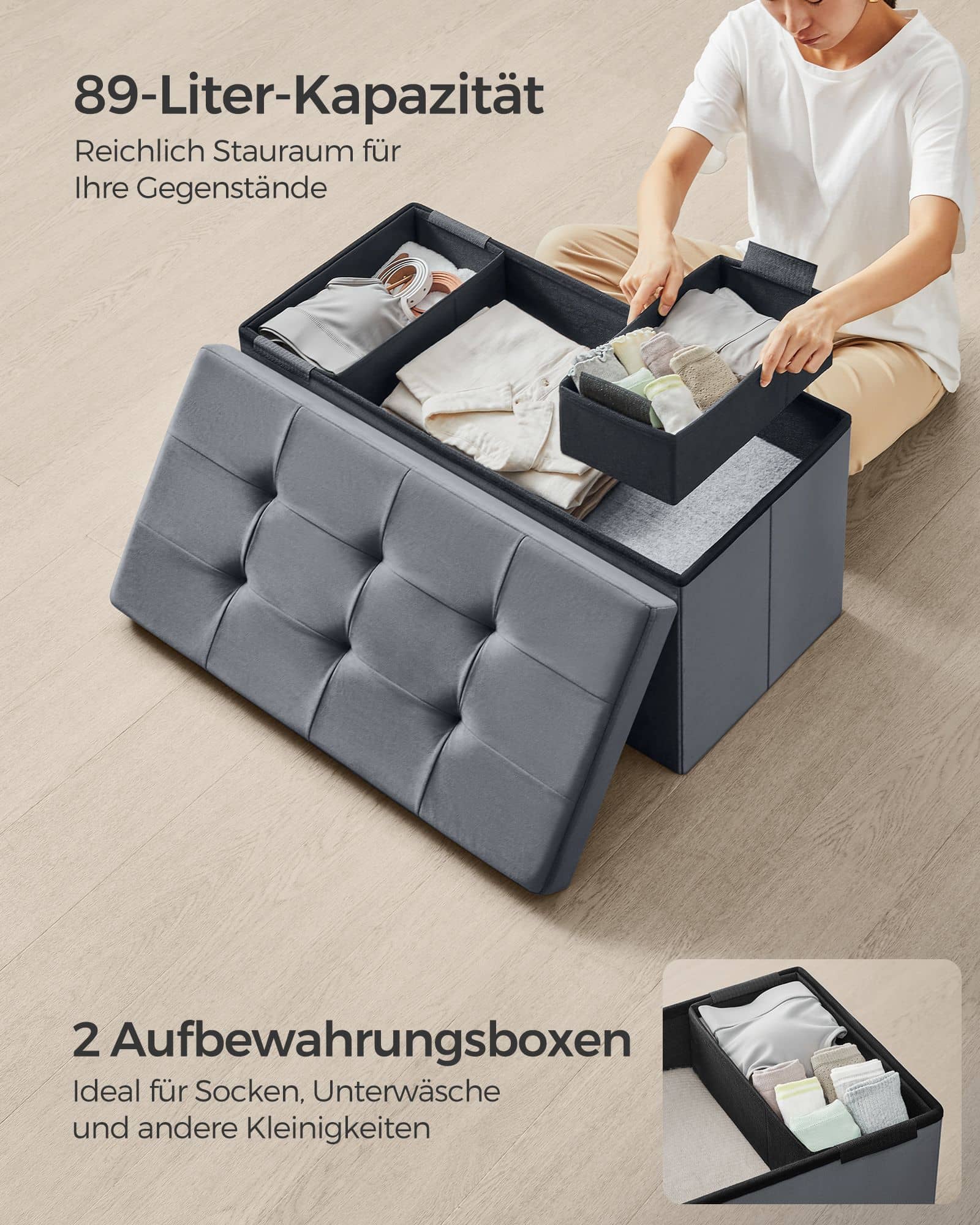 Sitzbank mit Stauraum aus Samt für Wohnzimmer schiefergrau Sitzbank mit Stauraum aus Samt für Wohnzimmer schiefergrau