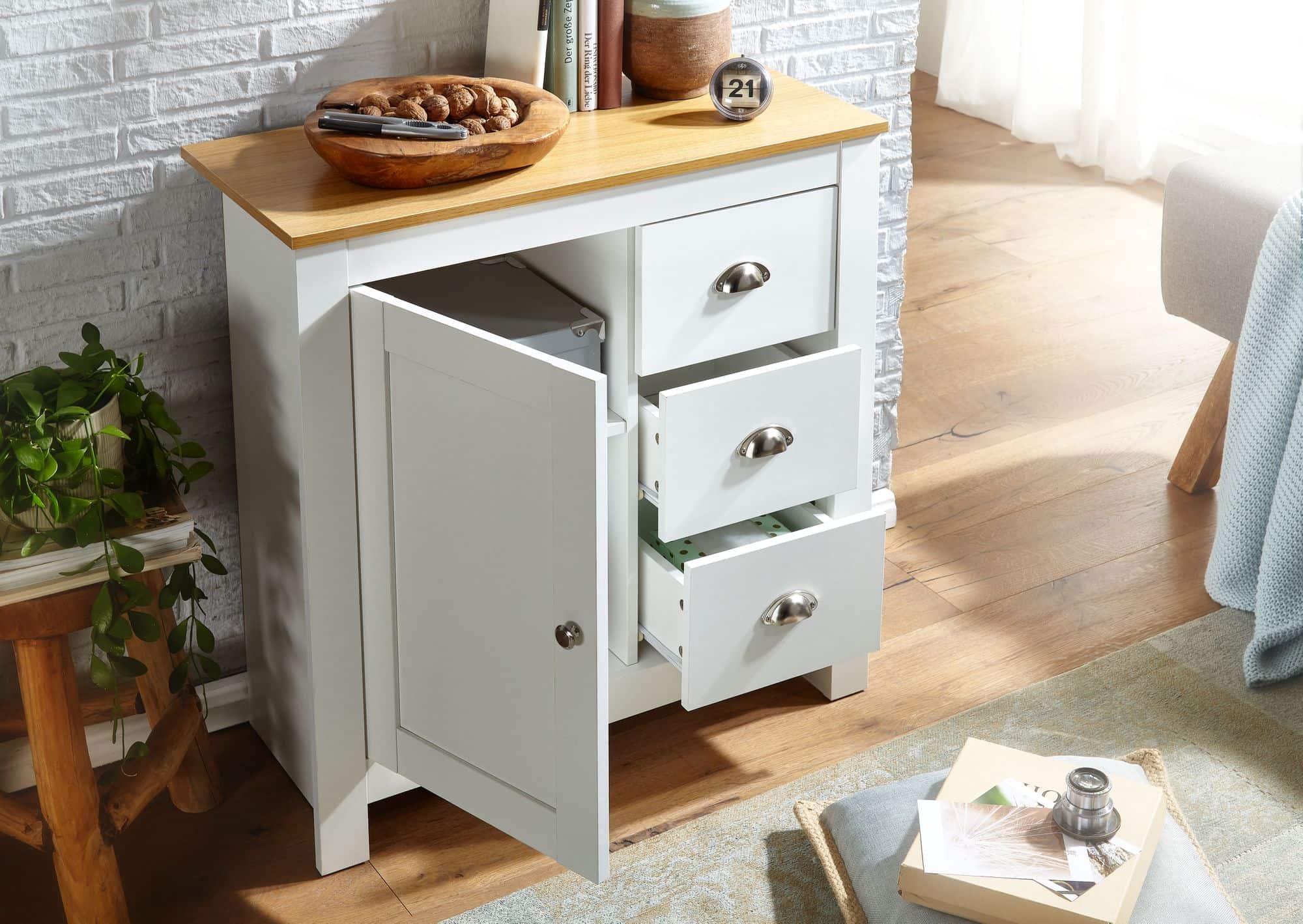 62545-WOHNLING-Sideboard-79X35X81cm-weiss-Eiche-WL6-384-WL6-384_3 Sideboard mit 3 Schubladen 79x81x35 cm Kommode Weiß / Eiche Modern