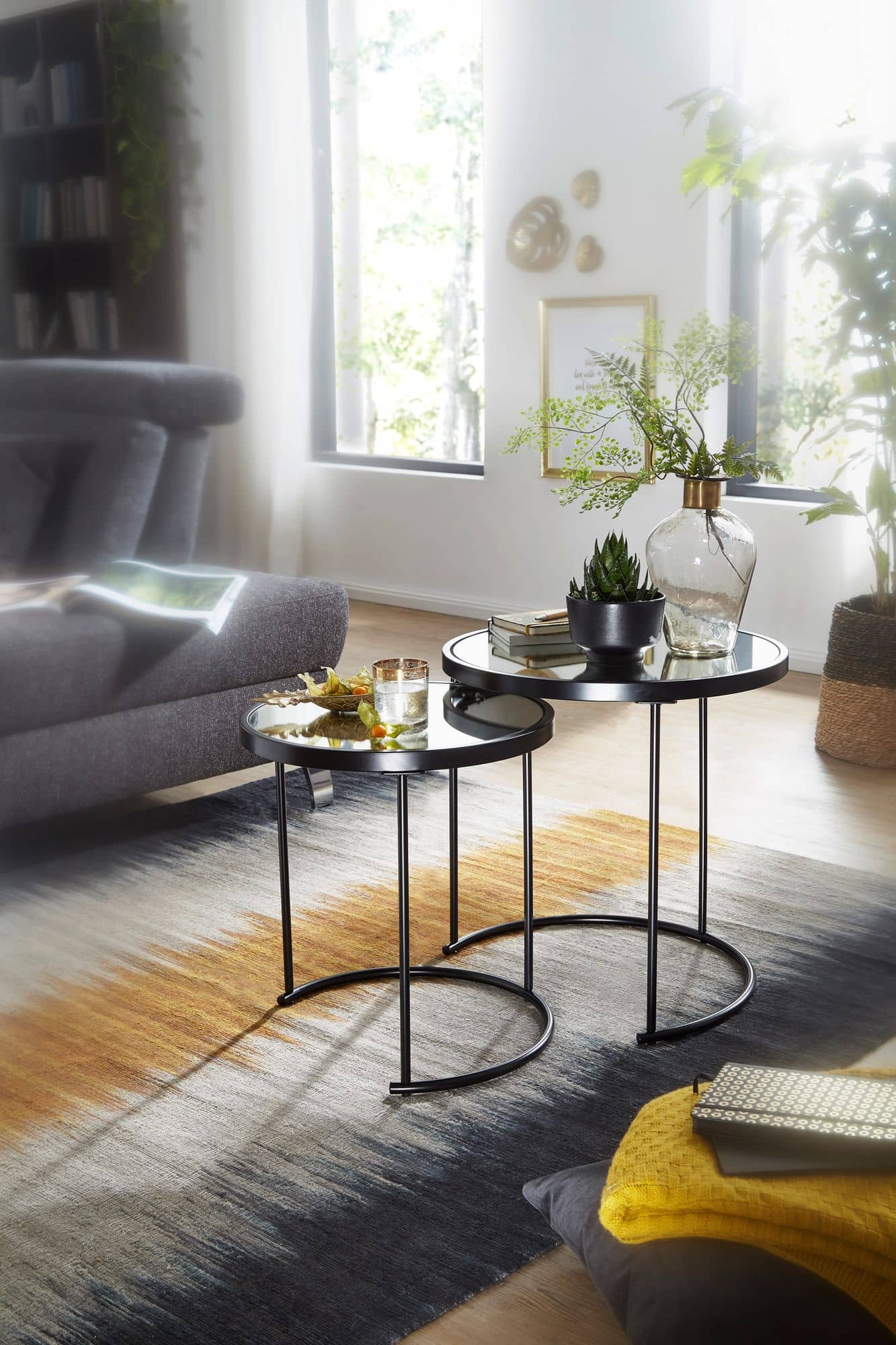 52204-Wohnling-Design-Beistelltisch-Rund-50-42 Design Beistelltisch Rund Ø 50/42 cm - 2 teilig Schwarz mit Spiegel Glas