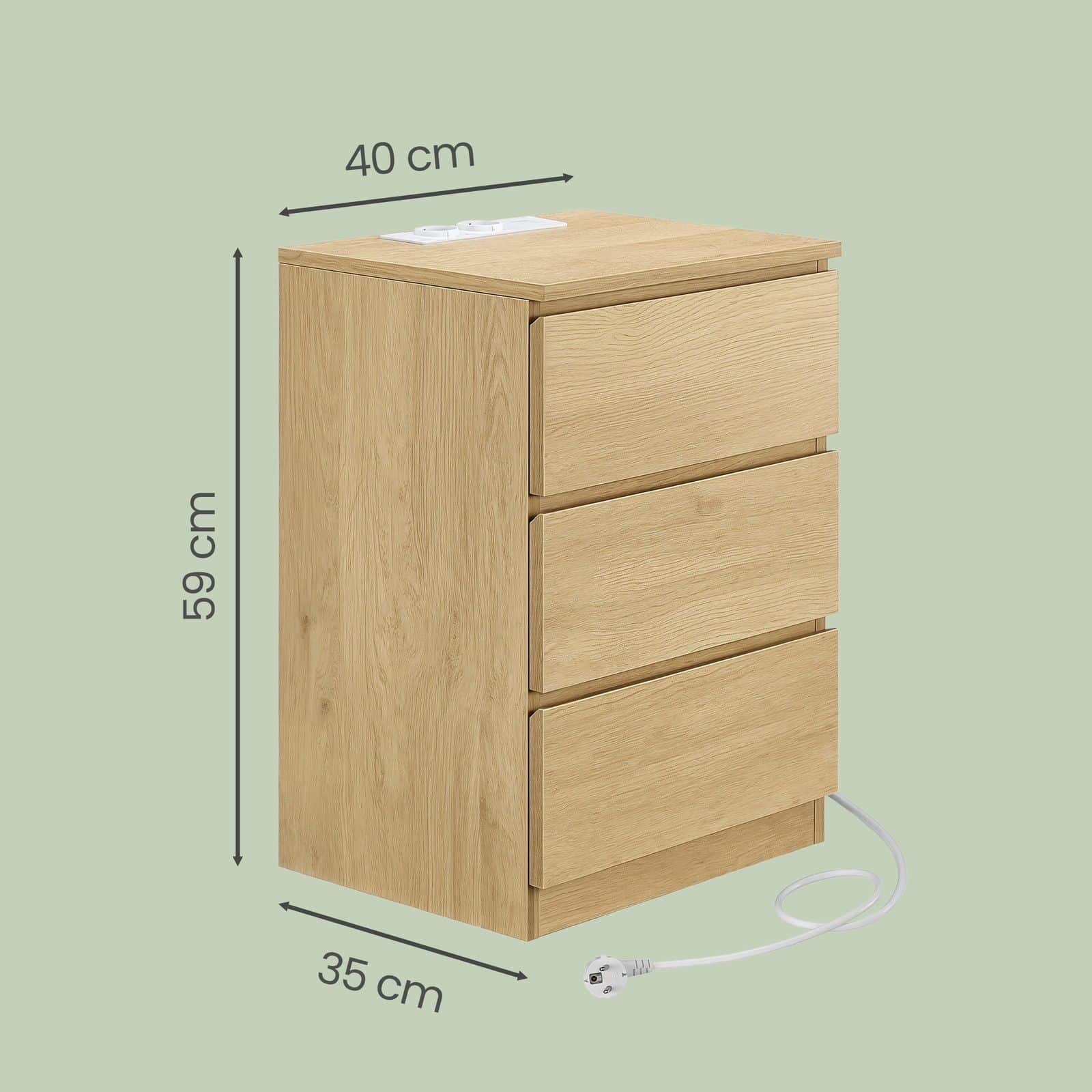 Beistelltisch Set mit Steckdosenleiste, Nachttisch, 3 Schubladen Beistelltisch Set mit Steckdosenleiste, Nachttisch, 3 Schubladen