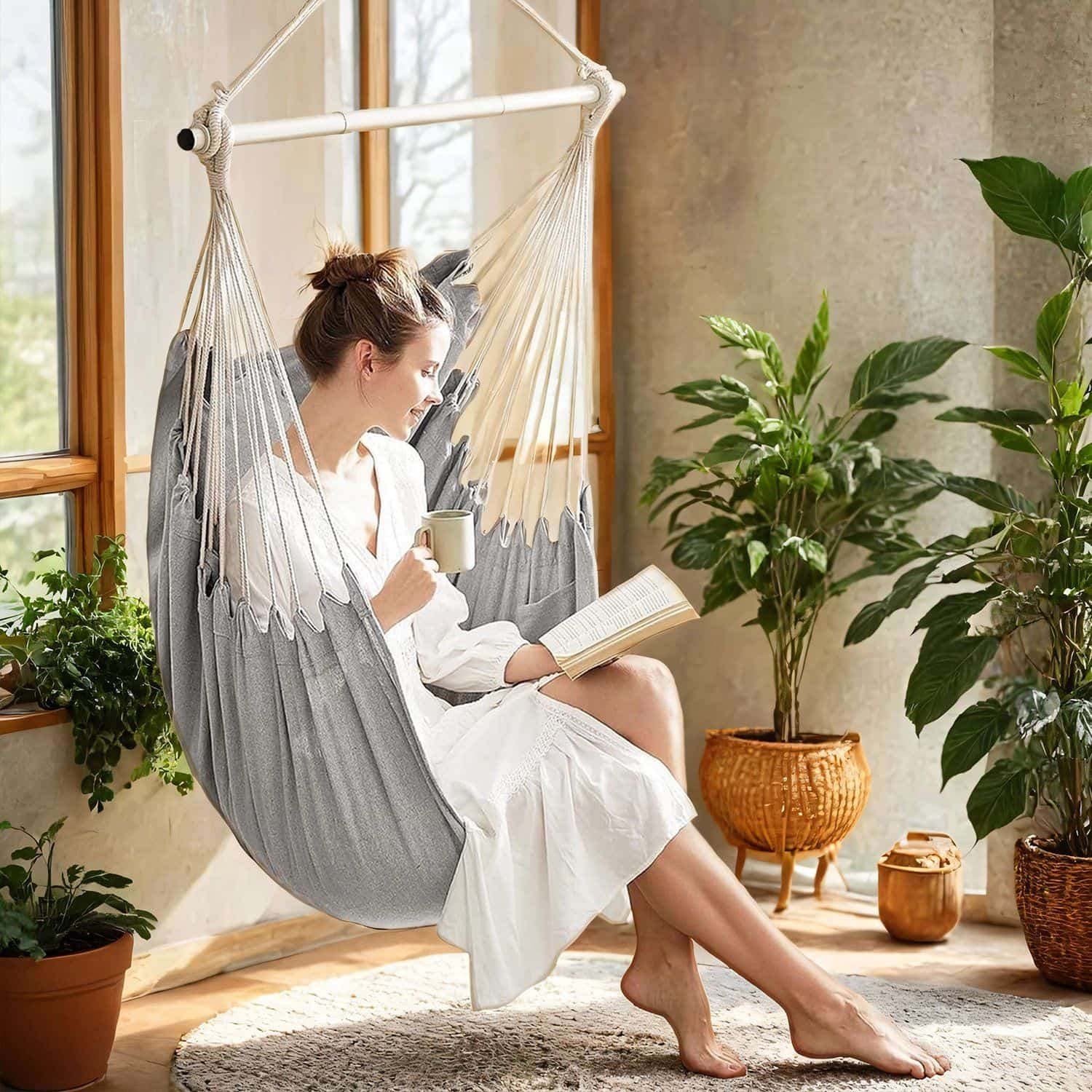 Hängesessel, Hängeschaukel mit 2 Kissen, Hängestuhl, Metallkette Hängesessel, Hängeschaukel mit 2 Kissen, Hängestuhl, Metallkette