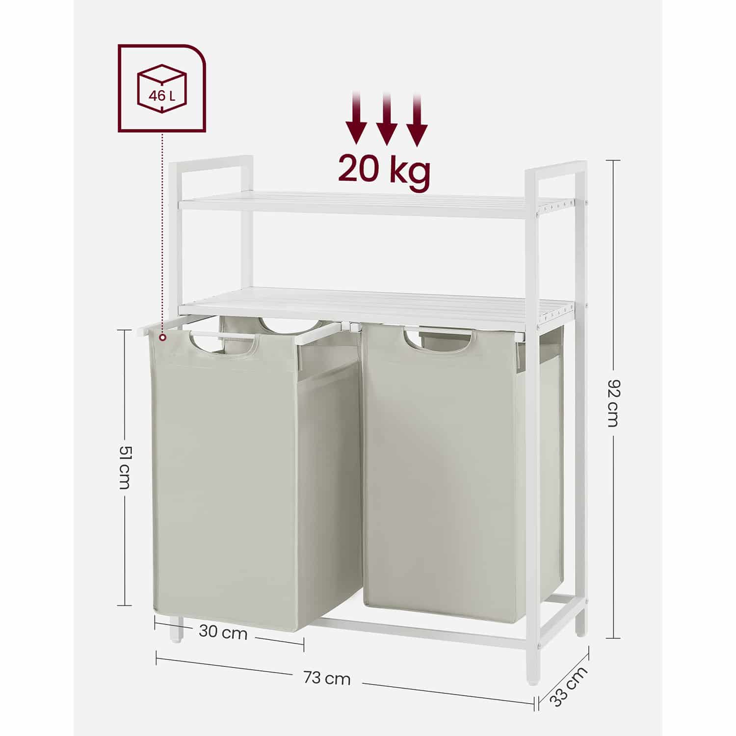 Wäschekorb 2 x 46 L mit 2 Ablagen weiß