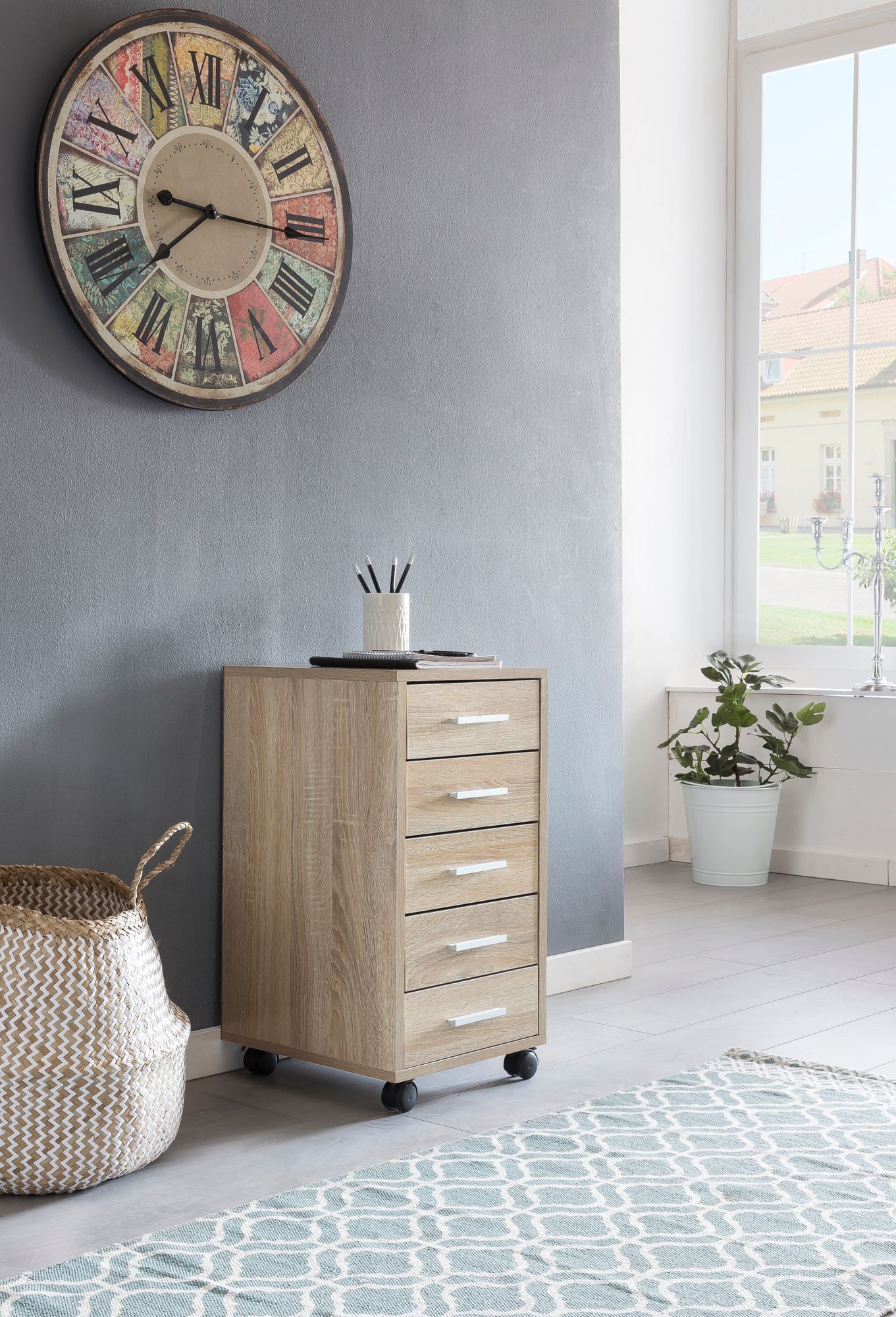 45766-WOHNLING-Rollcontainer-LISA-mit-5-Schublade_1 Rollcontainer Sonoma 33 x 63 x 38 cm Holz Schubladenschrank Schreibtisch
