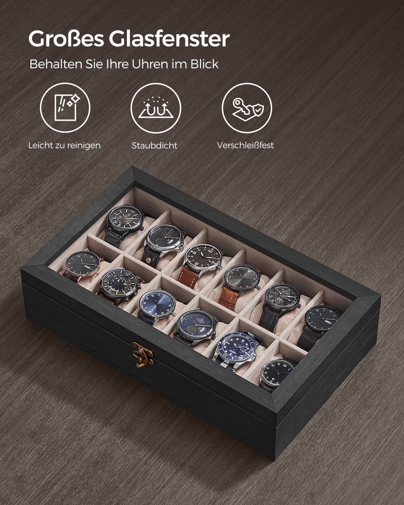 Uhrenbox mit 12 Fächern aus Massivholz Uhrenbox mit 12 Fächern aus Massivholz