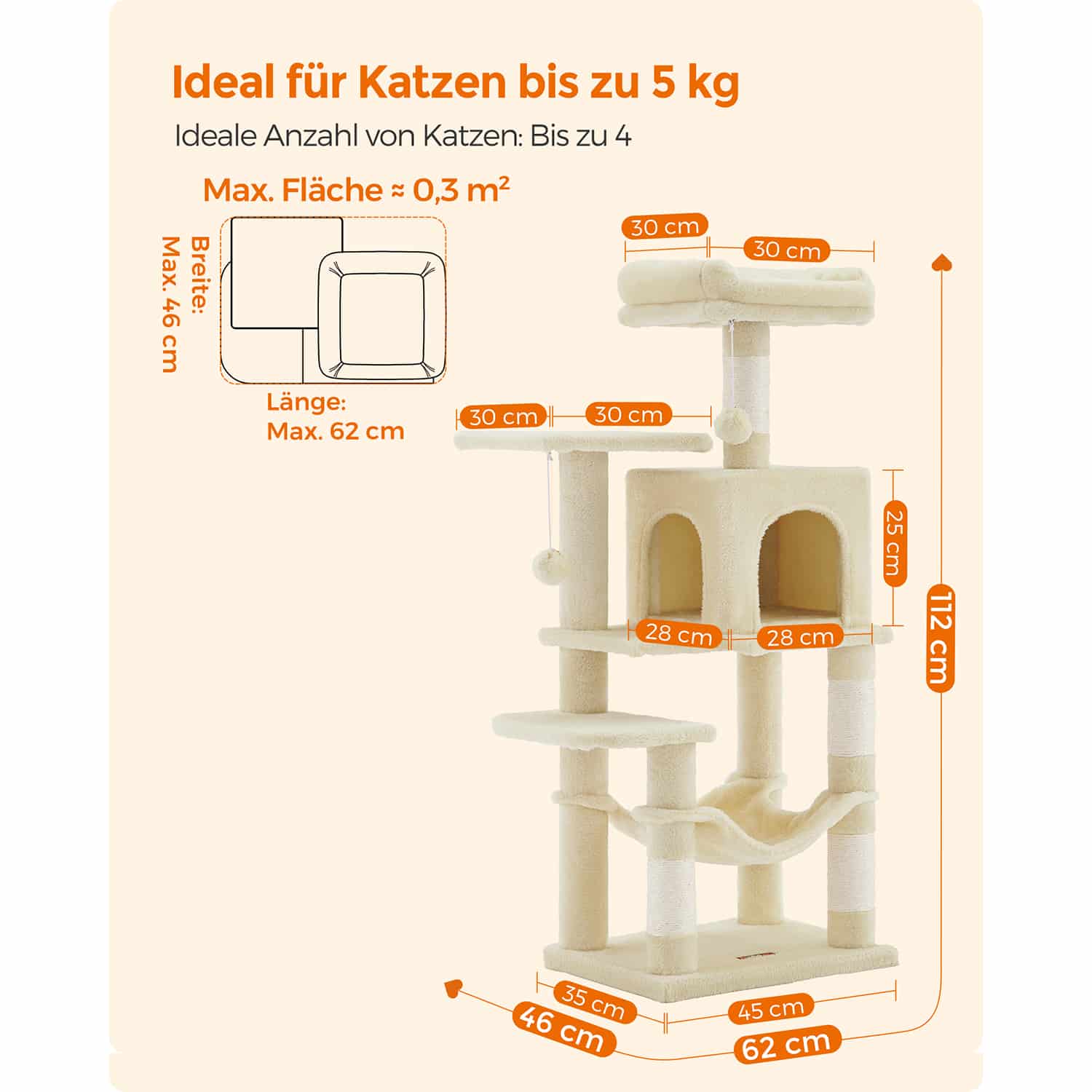 Kratzbaum 112 cm mit Plattformen und Hängematte beige-PCT261M01 Kratzbaum 112 cm mit Plattformen und Hängematte beige-PCT261M01